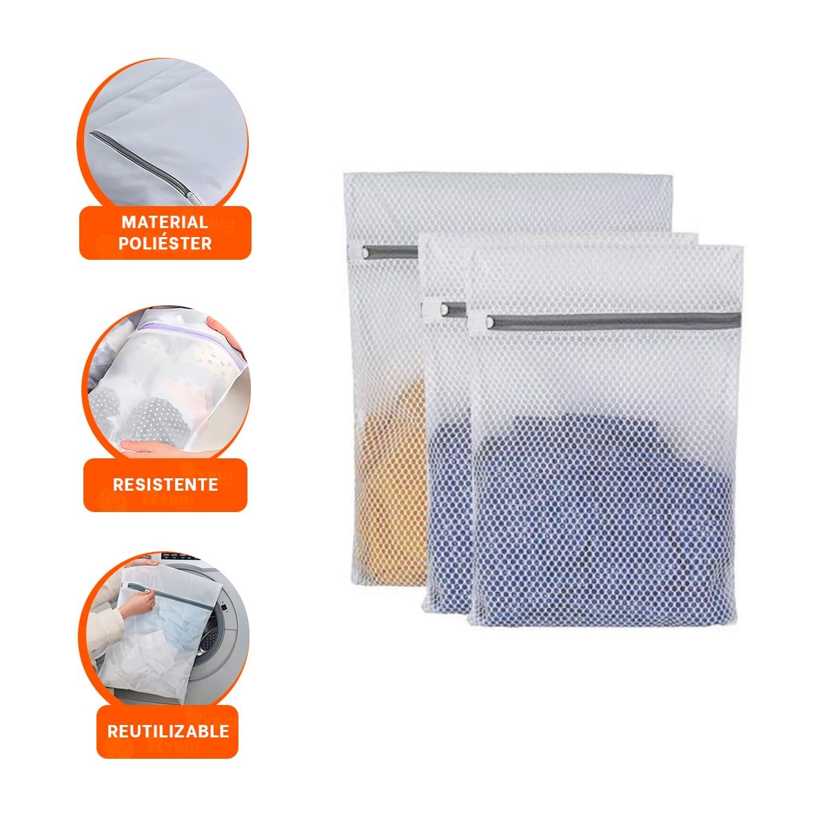 CONTENEDOR 3 BOLSAS DE MALLA PARA LAVAR ROPA RECTANGULAR BLANCO Y+PAPEL REGALO - 5