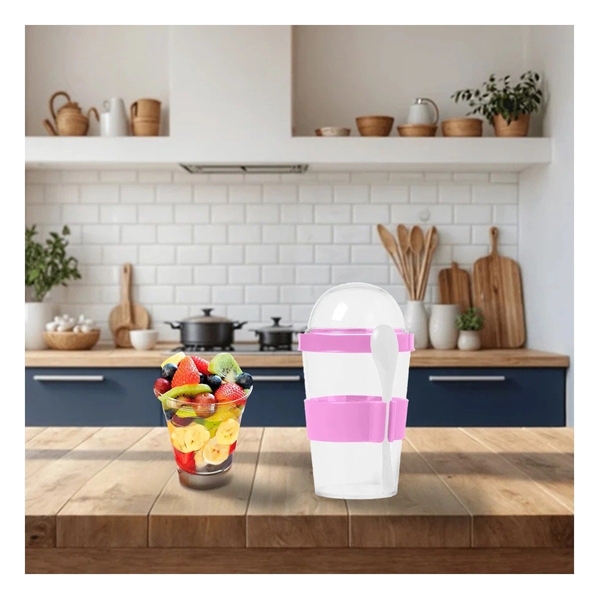 PACK6 TAZA CON CUCHARA INTEGRADA EN ROSADO PARA YOGURT Y CEREAL 350 ML - 2