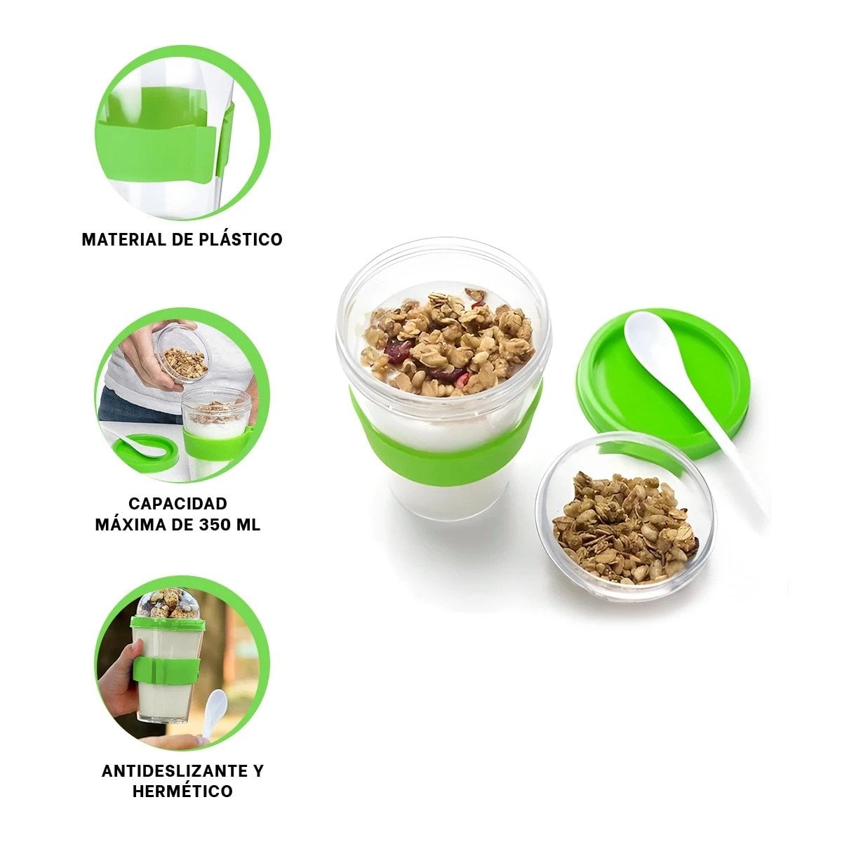 VASO VERDE LIMON CON CUCHARA INTEGRADA PARA YOGURT Y CEREAL DE 350 ML Y+PAPEL REGALO - 5
