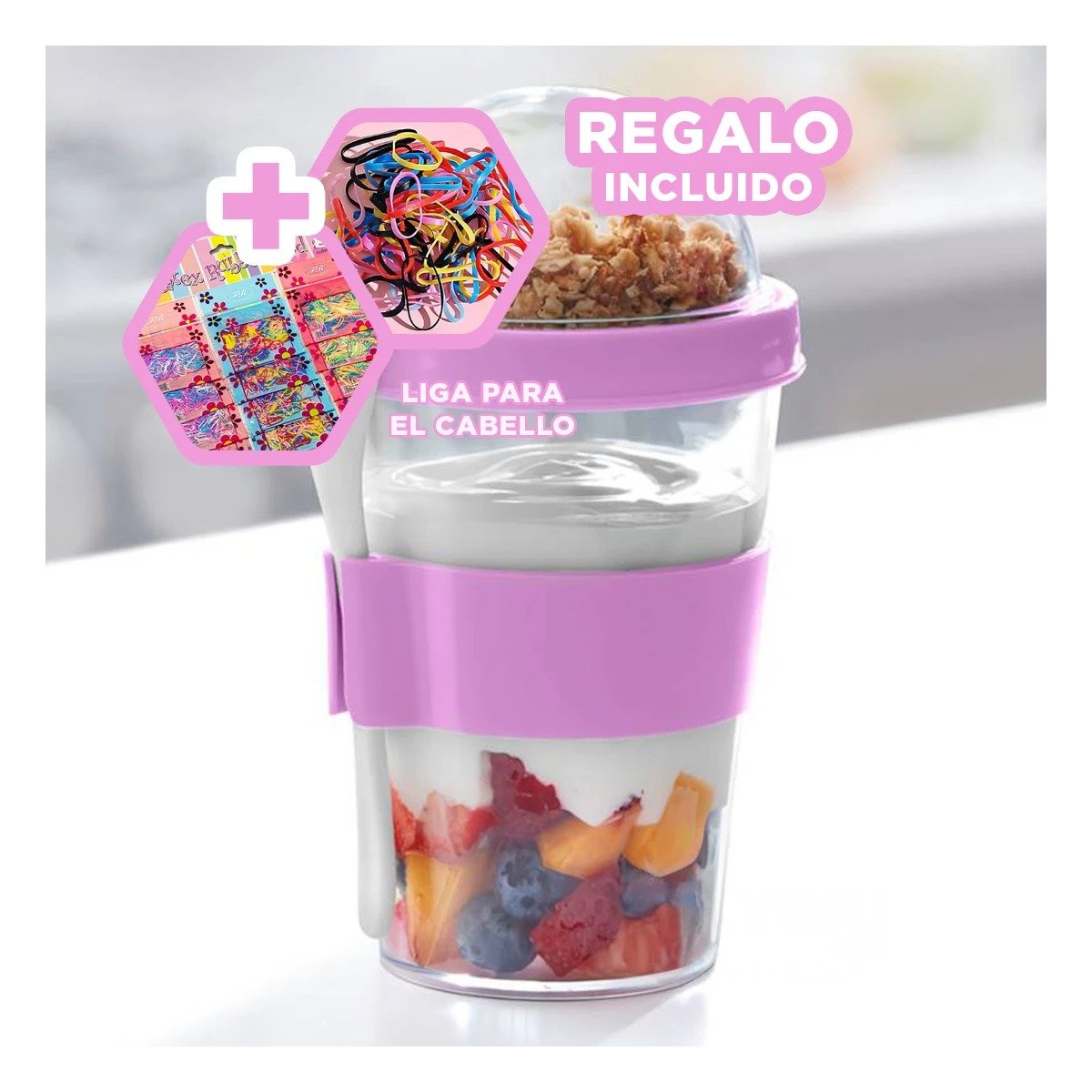 VASO PARA DESAYUNO SALUDABLE 350 ML CON CUCHARA EN ROSADO DE USO DIARIO Y+LIGAS REGALO - 2