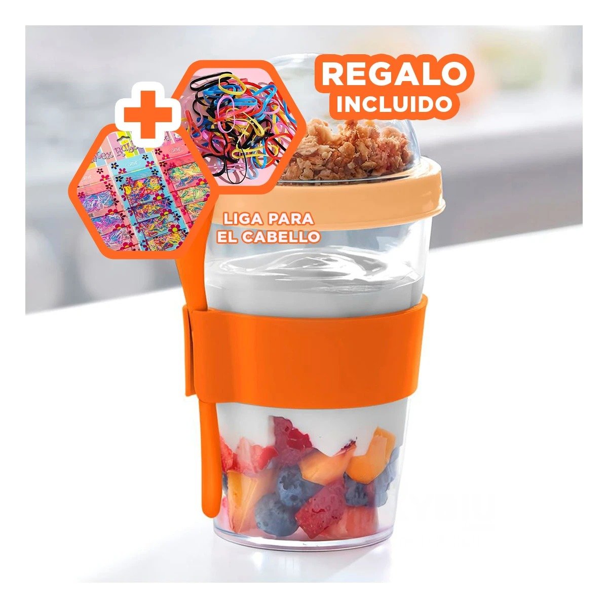 VASO PARA DESAYUNO SALUDABLE 350 ML CON CUCHARA EN ANARANJADO DE USO DIARIO Y+LIGAS REGALO - 2