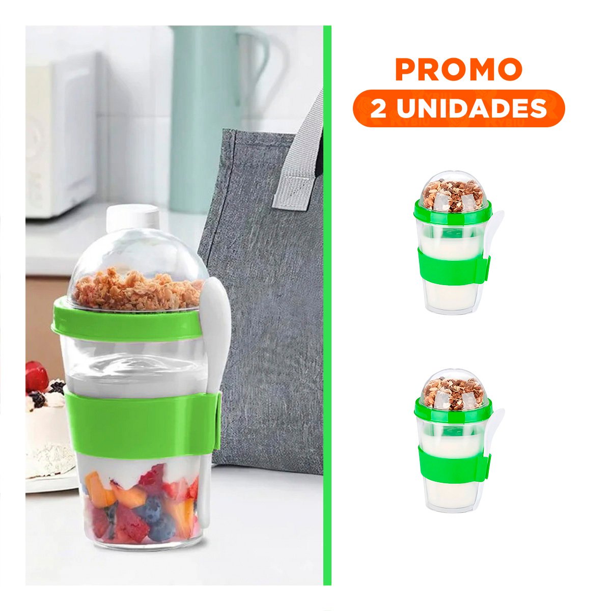 PACK2 CONTENEDOR PARA LLEVAR YOGURT Y CEREAL CON 350 ML EN VERDE LIMON MODERNO Y+REGALO STICKER - 1