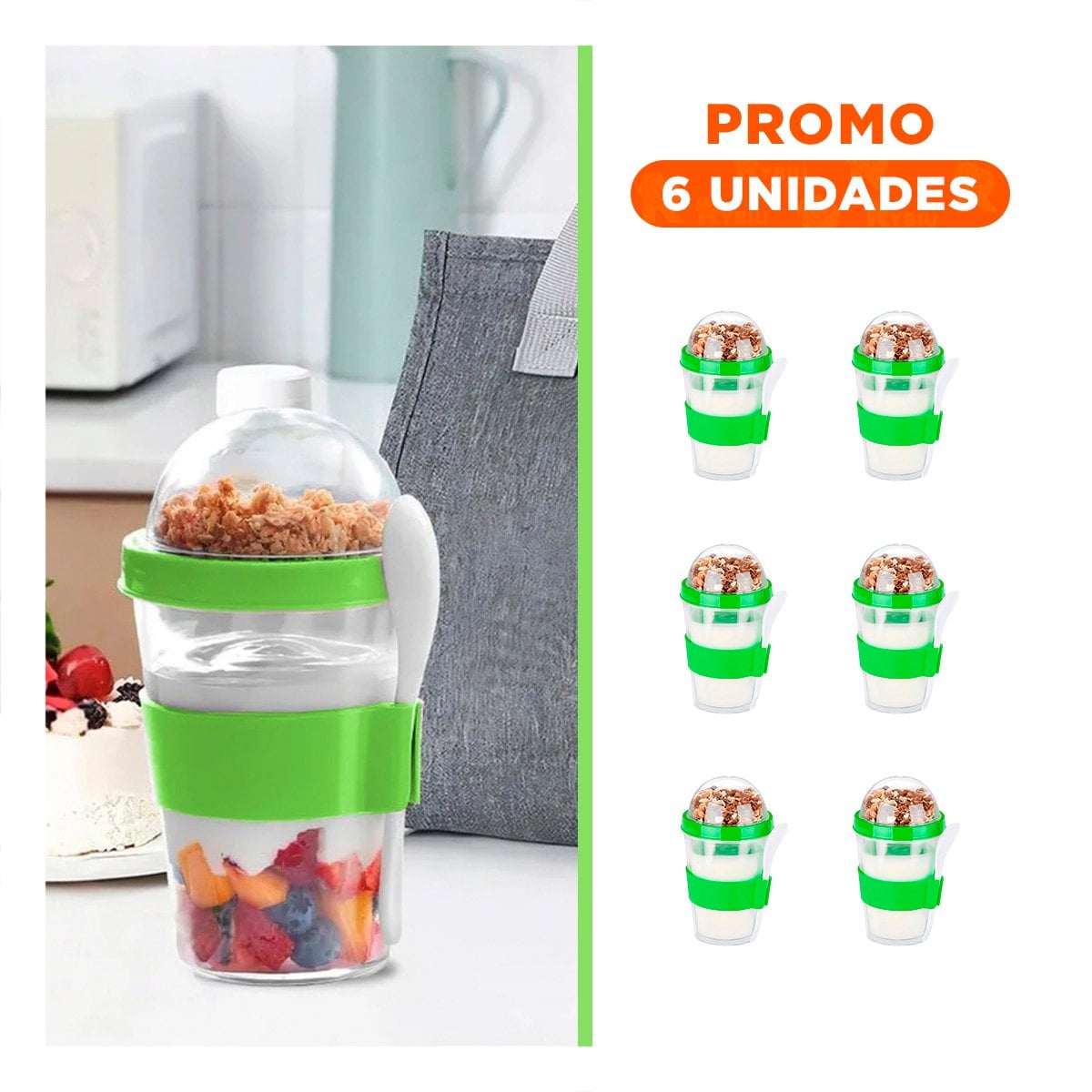 PACK6 RECIPIENTE VERDE LIMON CON 350 ML PARA DESAYUNO DIARIO FUNCIONAL Y+REGALO STICKER - 1