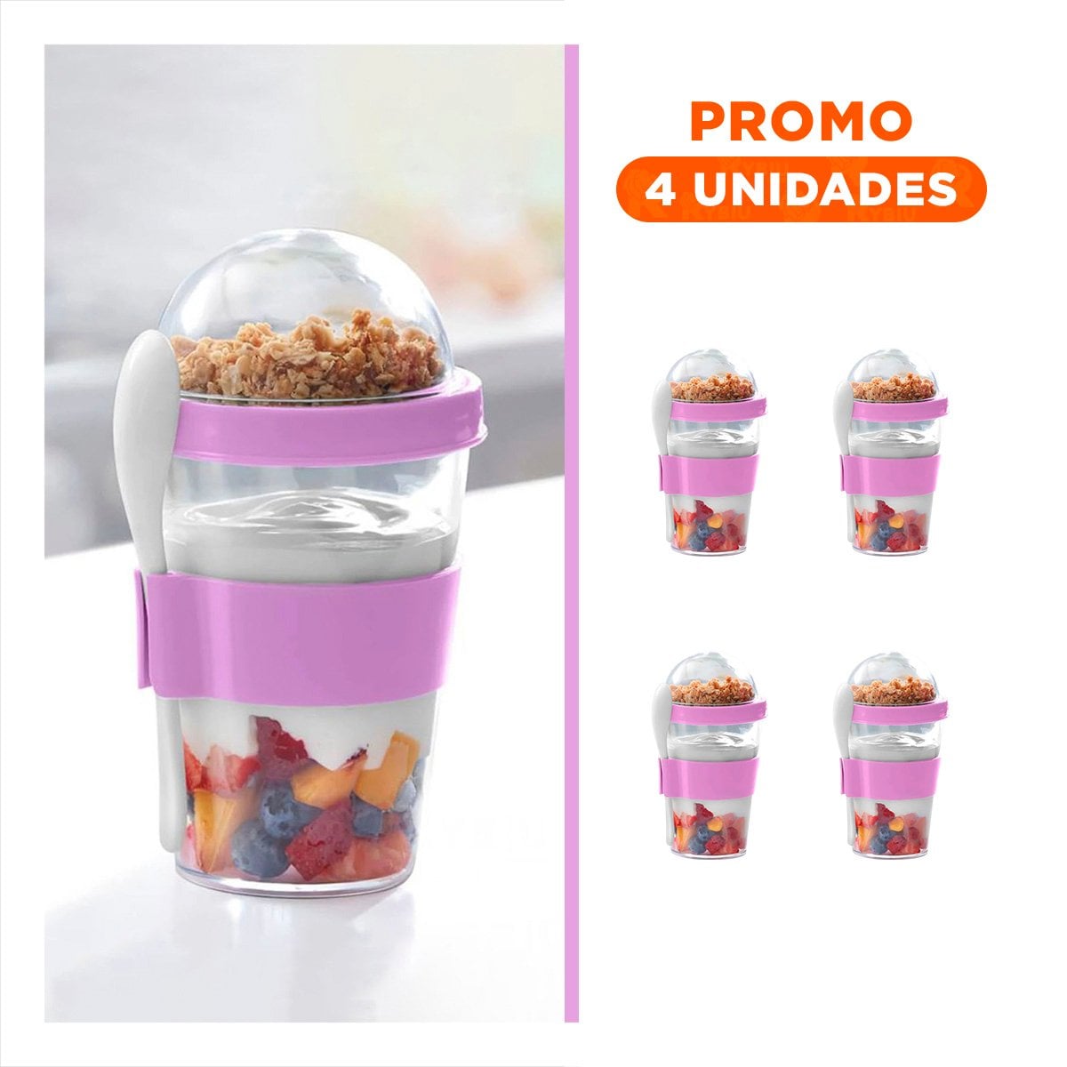 PACK4 CONTENEDOR COMPACTO 350 ML ROSADO PARA COLACION SALUDABLE - 1