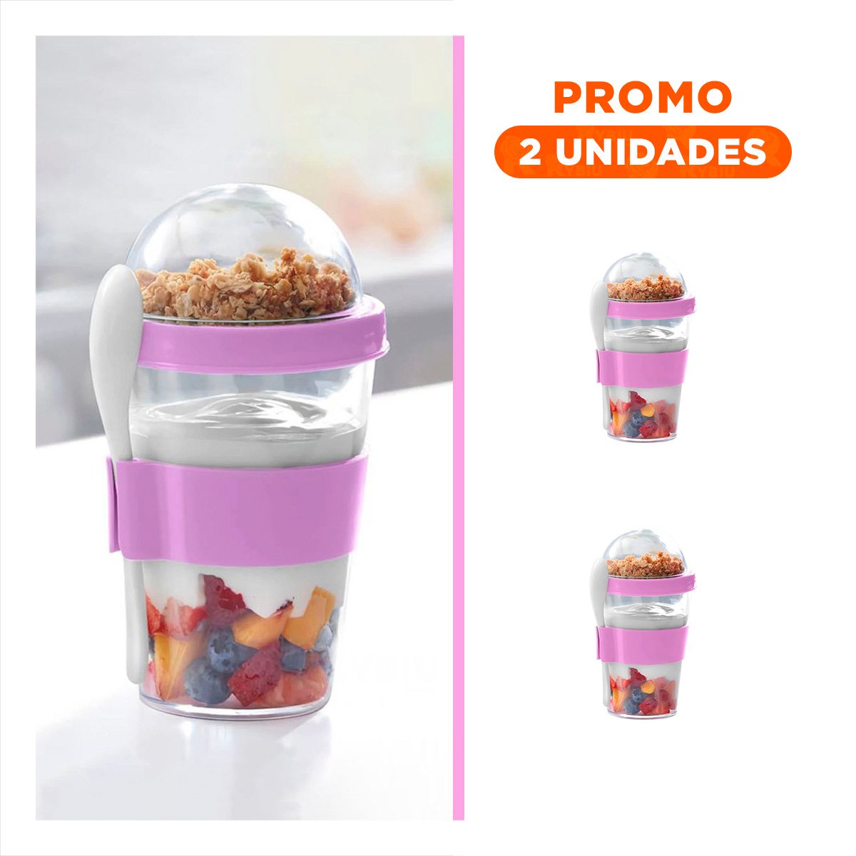 PACK2 CONTENEDOR PARA LLEVAR YOGURT Y CEREAL CON 350 ML EN ROSADO MODERNO Y+REGALO STICKER - 1