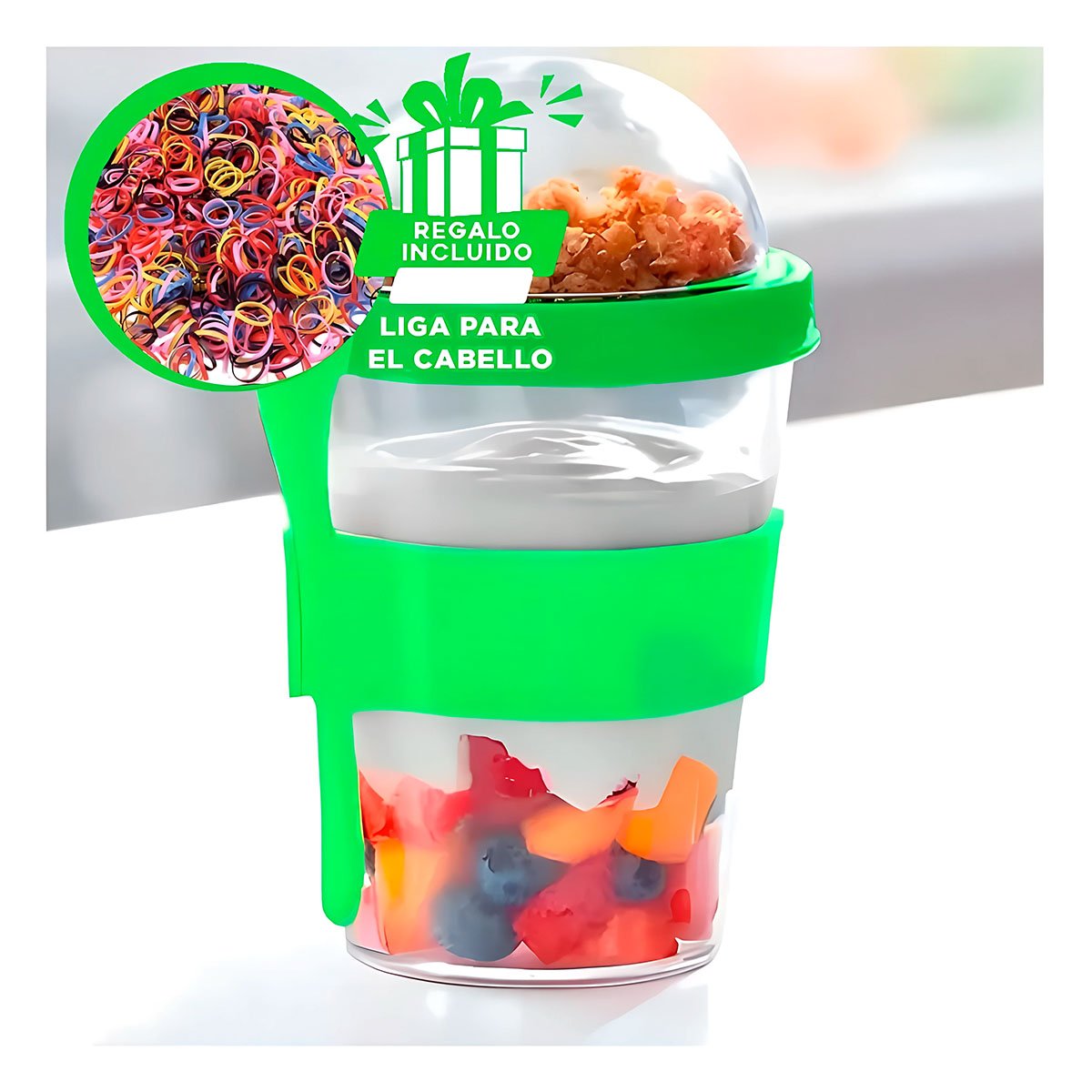 VASO PARA DESAYUNO SALUDABLE 350 ML CON CUCHARA EN VERDE LIMON DE USO DIARIO Y+LIGAS REGALO - 2