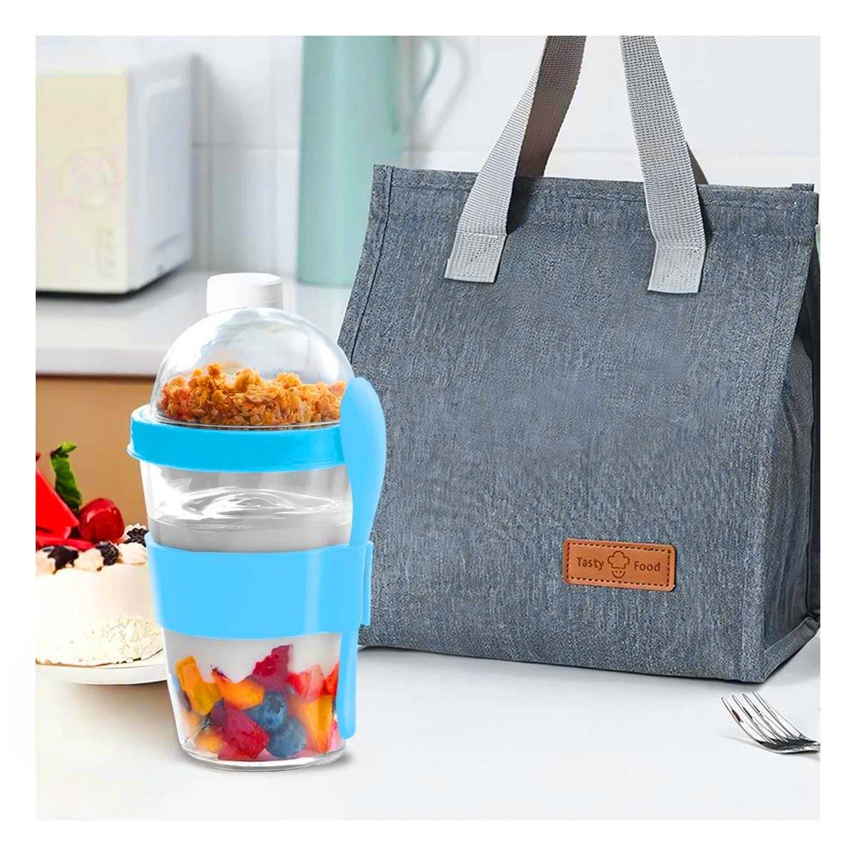 PACK12 RECIPIENTE CELESTE 350 ML CON CUCHARA PARA COLACION PRACTICA Y+REGALO STICKER - 5