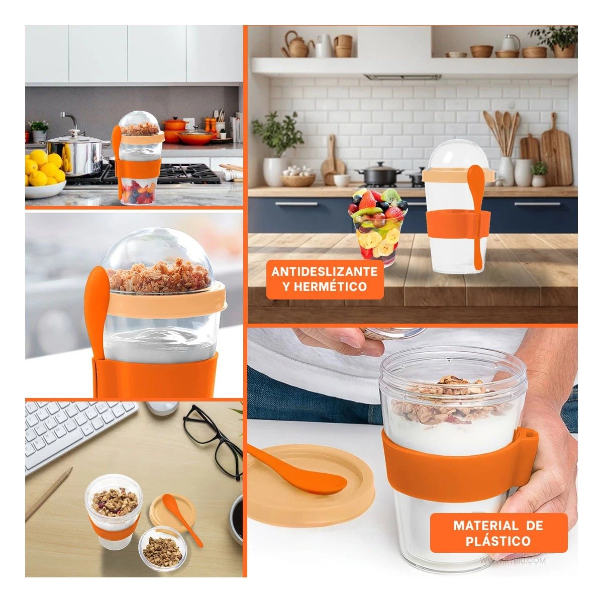 PACK6 RECIPIENTE 350 ML CON CUCHARA ANARANJADO PARA USO DIARIO EN OFICINA Y+PAPEL REGALO - 3