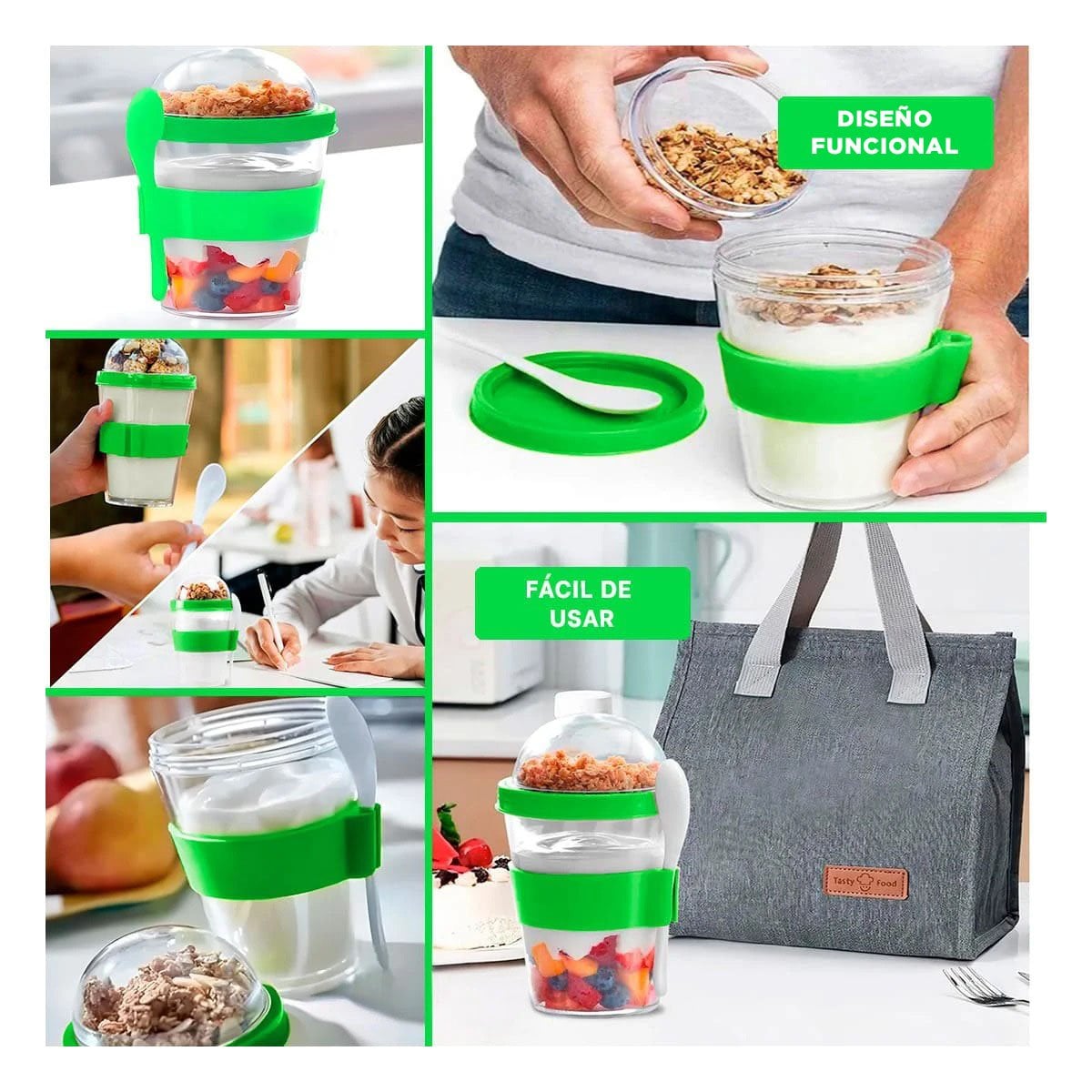 VASO PARA YOGURT Y CEREAL 350 ML VERDE LIMON CON CUCHARA PARA USO DIARIO EN MOVIMIENTO - 2