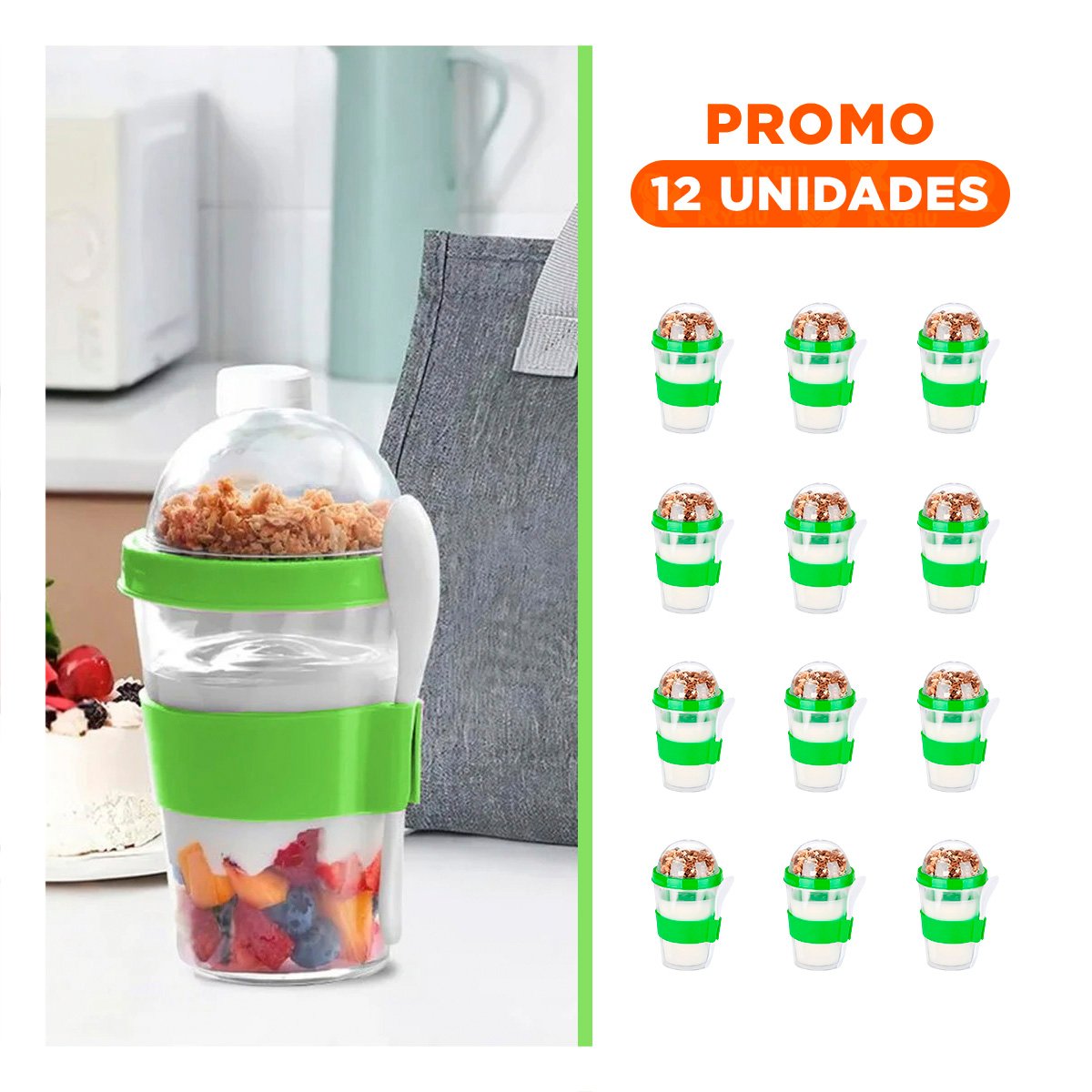 PACK12 RECIPIENTE PARA YOGURT NATURAL Y CEREAL 350 ML EN VERDE LIMON MODERNO - 1