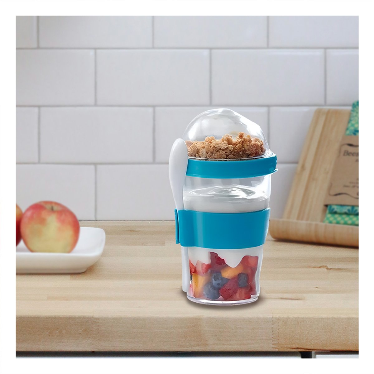 PACK2 CONTENEDOR PARA LLEVAR YOGURT Y CEREAL CON 350 ML EN CELESTE MODERNO Y+REGALO STICKER - 3