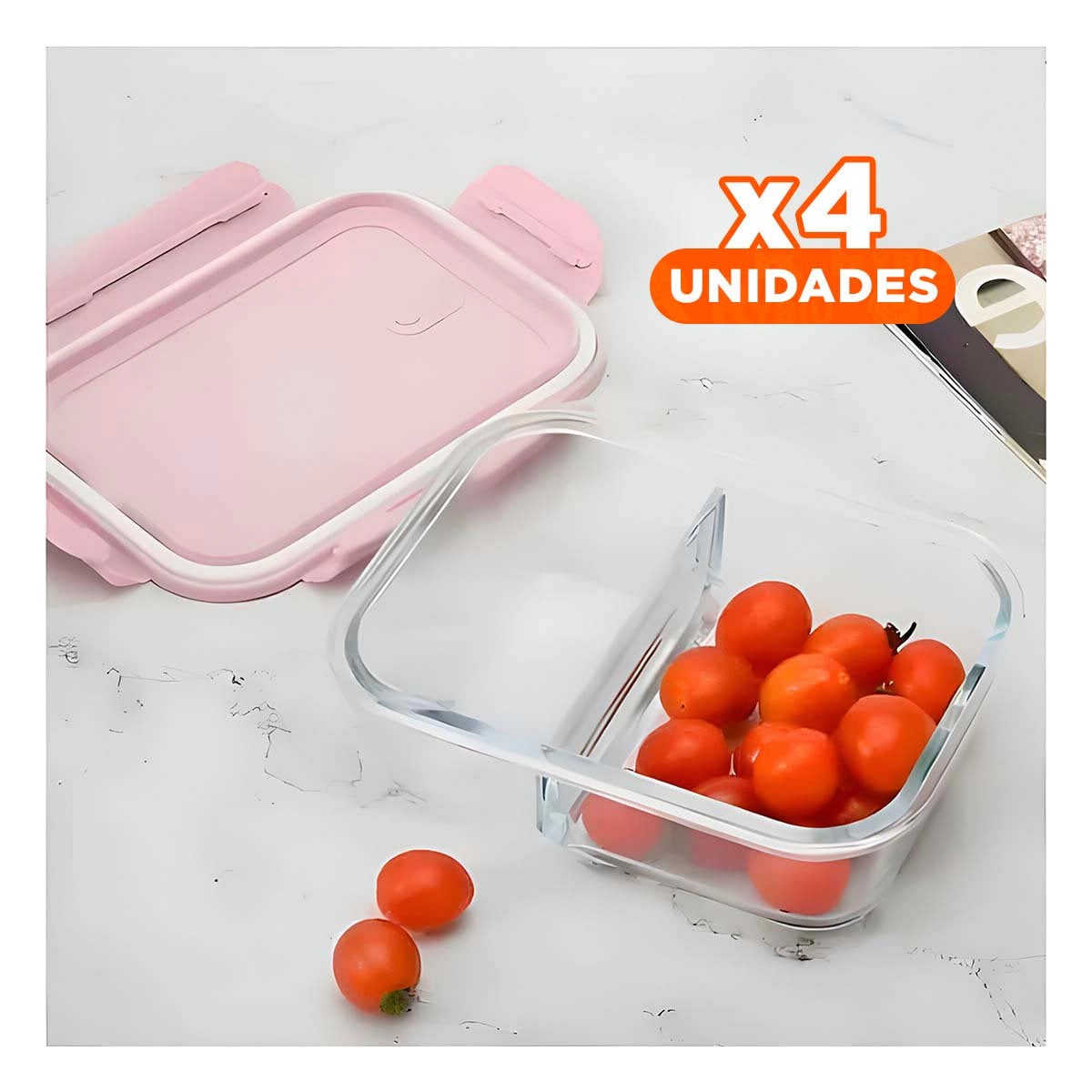 PACK4 CONTENEDOR DE VIDRIO CON SEPARACION DOBLE Y TAPA COLOR ROSADO Y+REGALO STICKER - 1