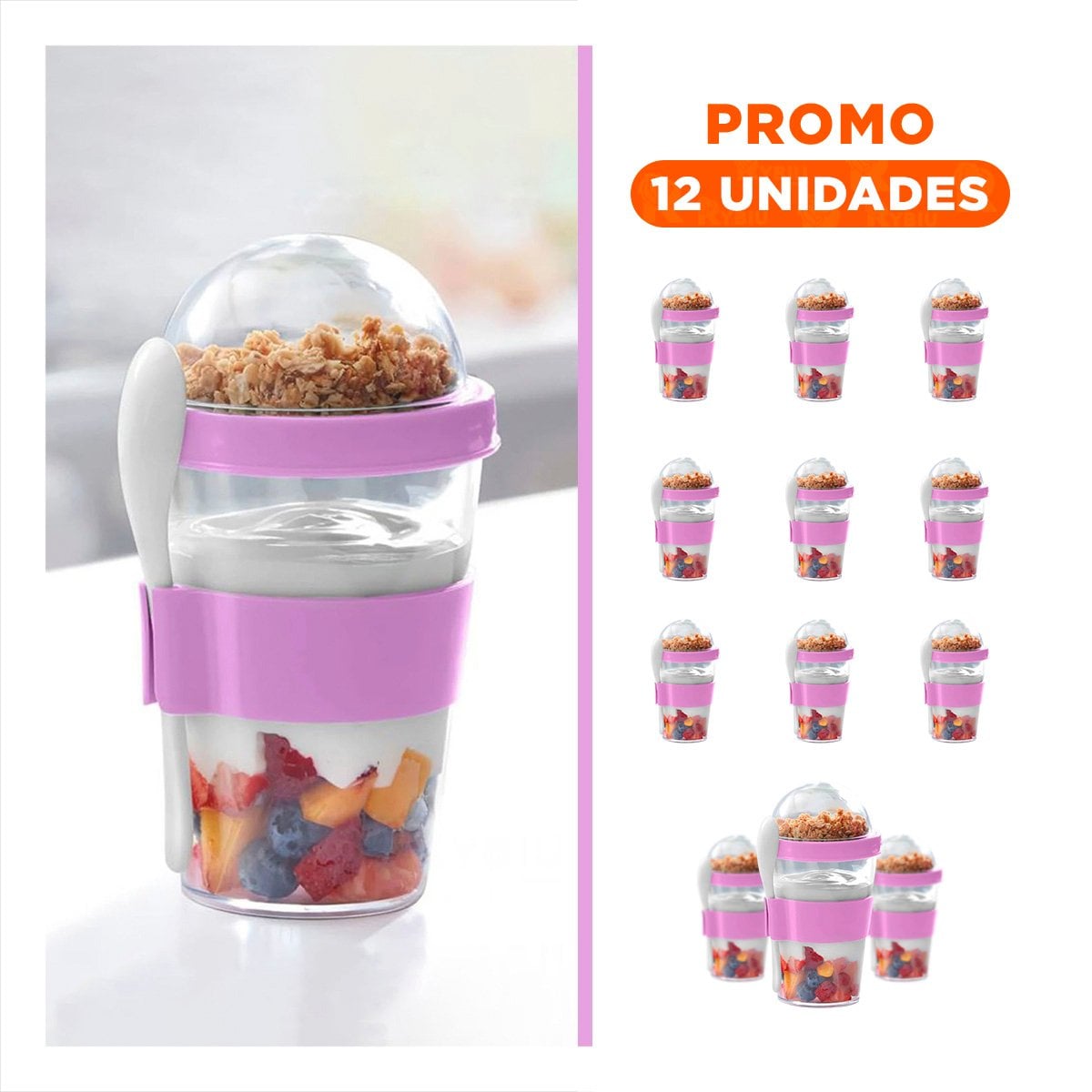 PACK12 RECIPIENTE PARA YOGURT NATURAL Y CEREAL 350 ML EN ROSADO MODERNO - 1