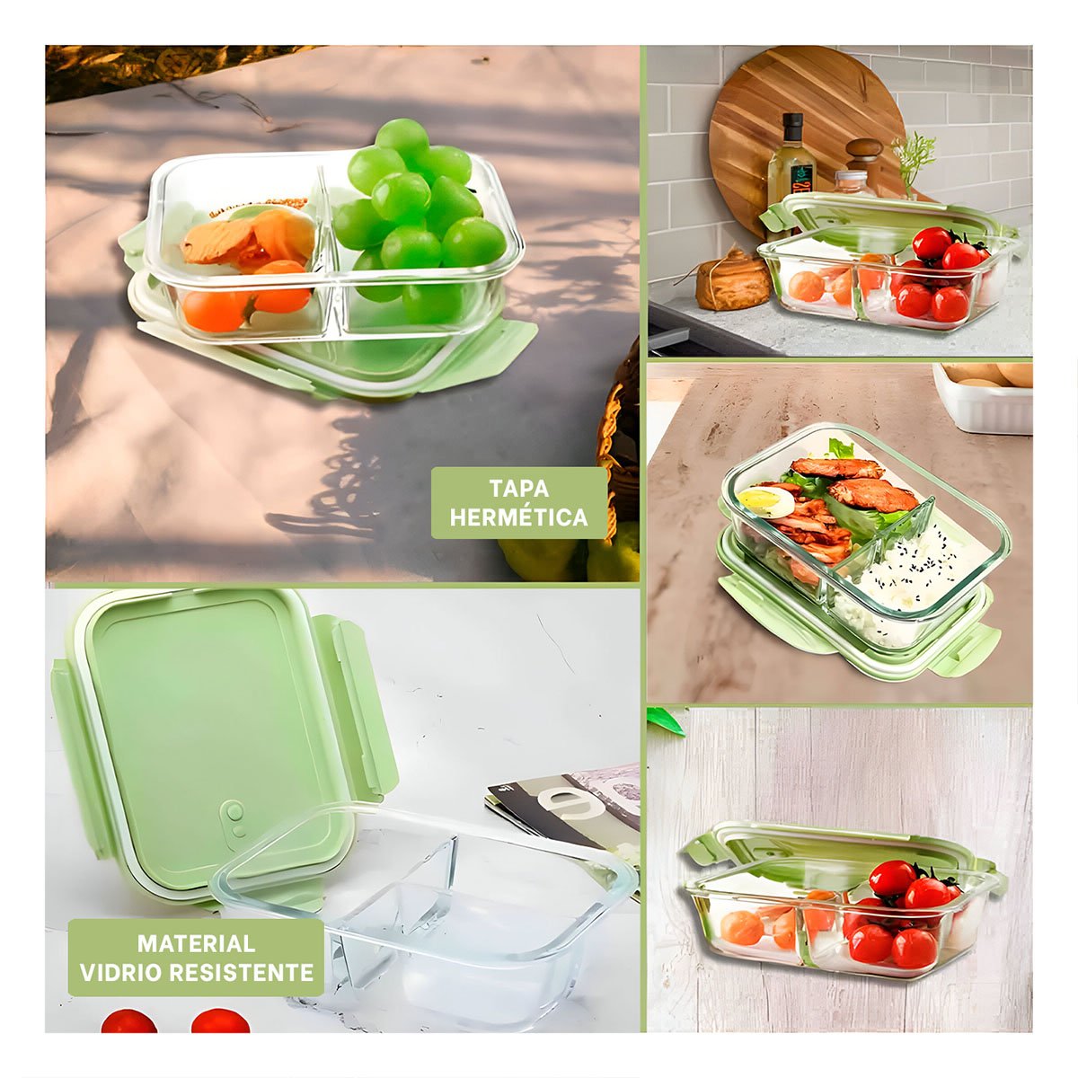 TAPER DE VIDRIO CON TAPA COLOR VERDE Y 2 DIVISIONES PARA ALIMENTOS CASEROS Y+PAPEL REGALO - 3