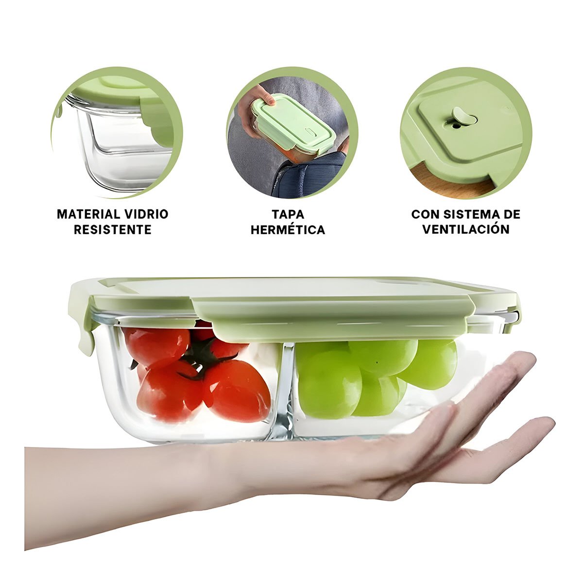 TAPER DE VIDRIO CON TAPA COLOR VERDE Y 2 DIVISIONES PARA ALIMENTOS CASEROS Y+PAPEL REGALO - 5