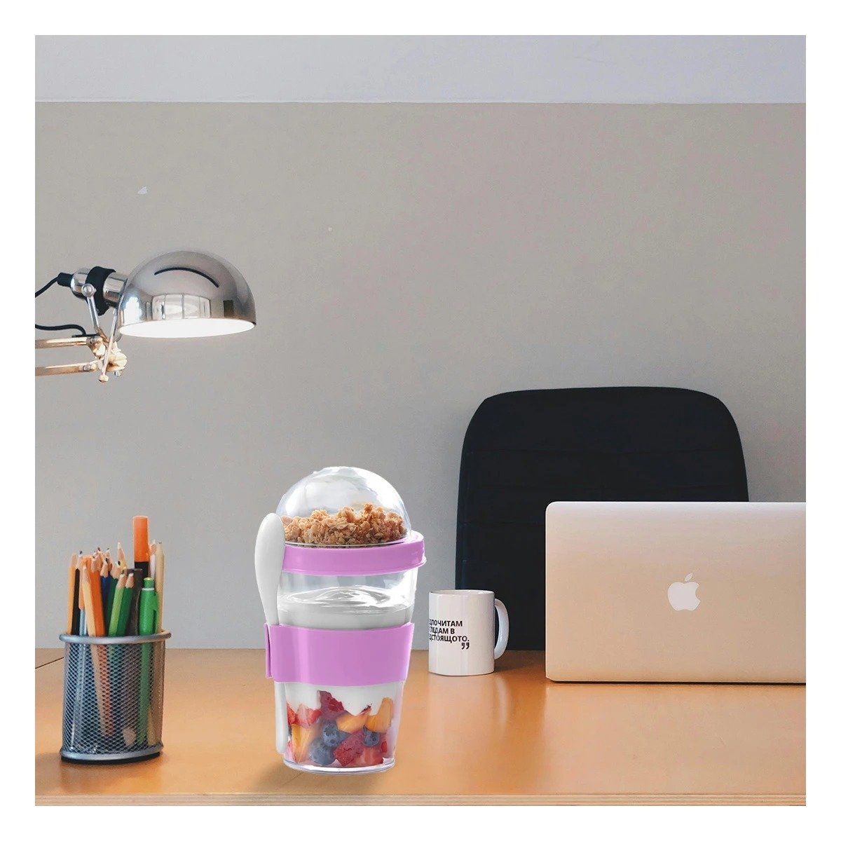 PACK2 CONTENEDOR CON CUCHARA INTEGRADA EN ROSADO PARA YOGURT Y CEREAL 350 ML - 5