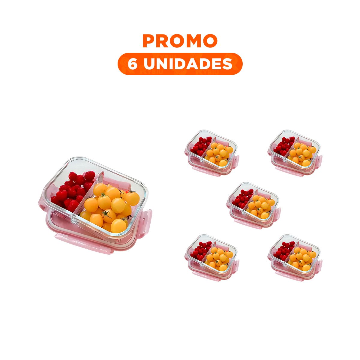 PACK6 RECIPIENTE DE VIDRIO CON 2 DIVISIONES COLOR ROSADO Y TAPA PRACTICA Y+REGALO STICKER - 1