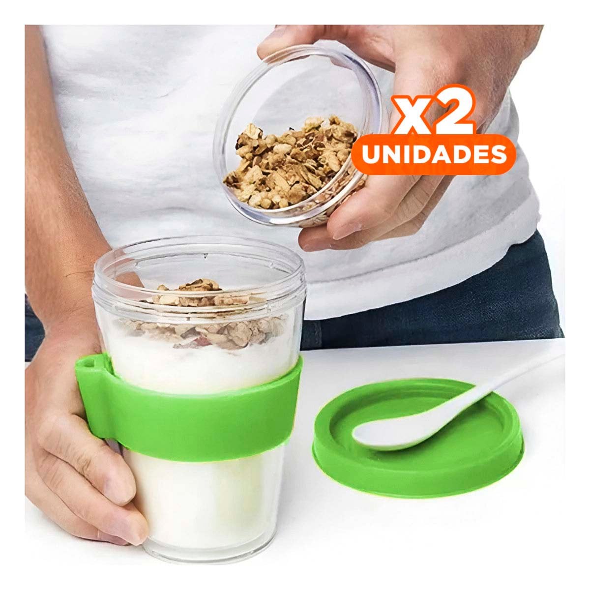 PACK2 CONTENEDOR CON CUCHARA INTEGRADA EN VERDE LIMON PARA YOGURT Y CEREAL 350 ML - 1