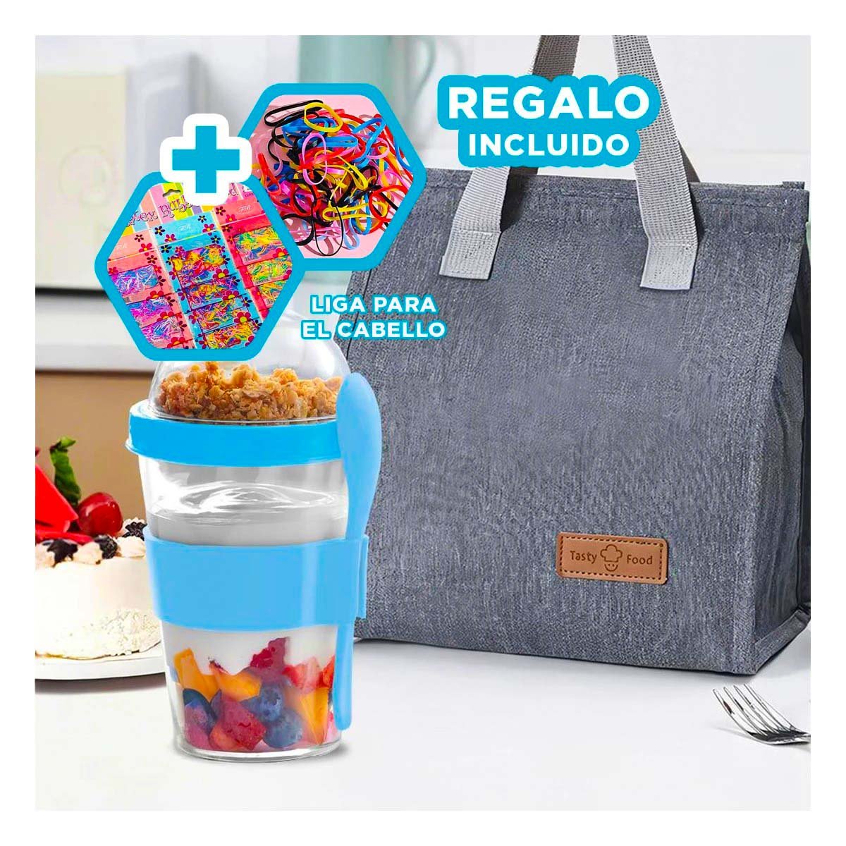 VASO PARA DESAYUNO SALUDABLE 350 ML CON CUCHARA EN CELESTE DE USO DIARIO Y+LIGAS REGALO - 2