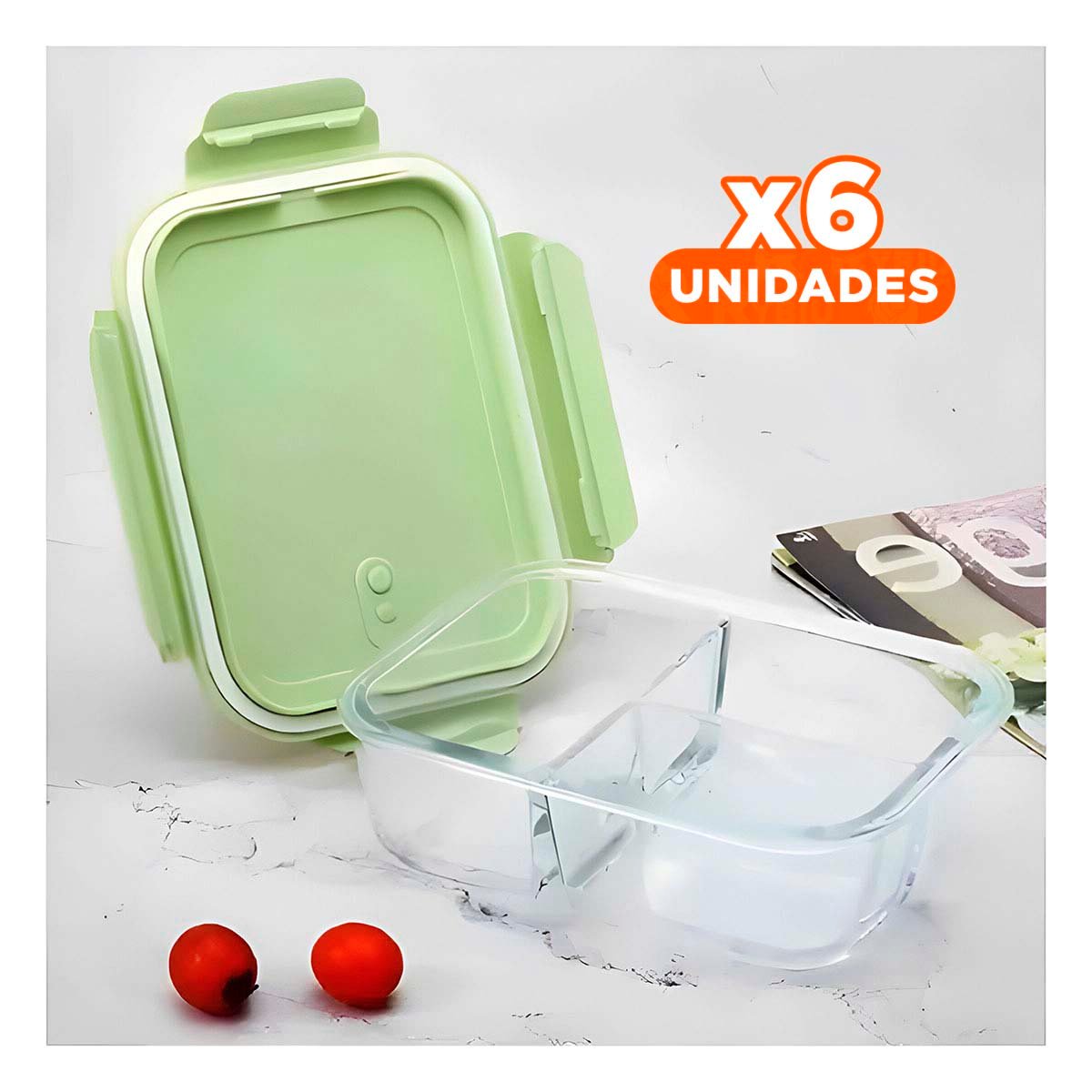 PACK6 RECIPIENTE DE VIDRIO VERDE CON TAPA AJUSTADA Y 2 DIVISIONES INTERNAS Y+PAPEL REGALO - 1