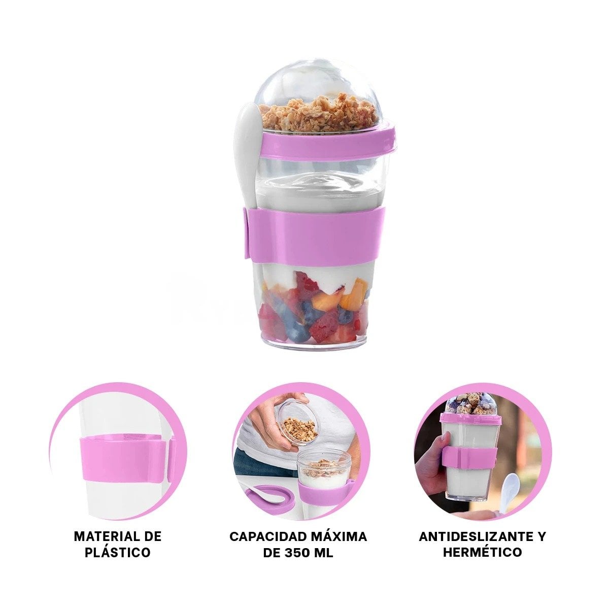 VASO ROSADO CON CUCHARA INTEGRADA PARA YOGURT Y CEREAL DE 350 ML Y+PAPEL REGALO - 5