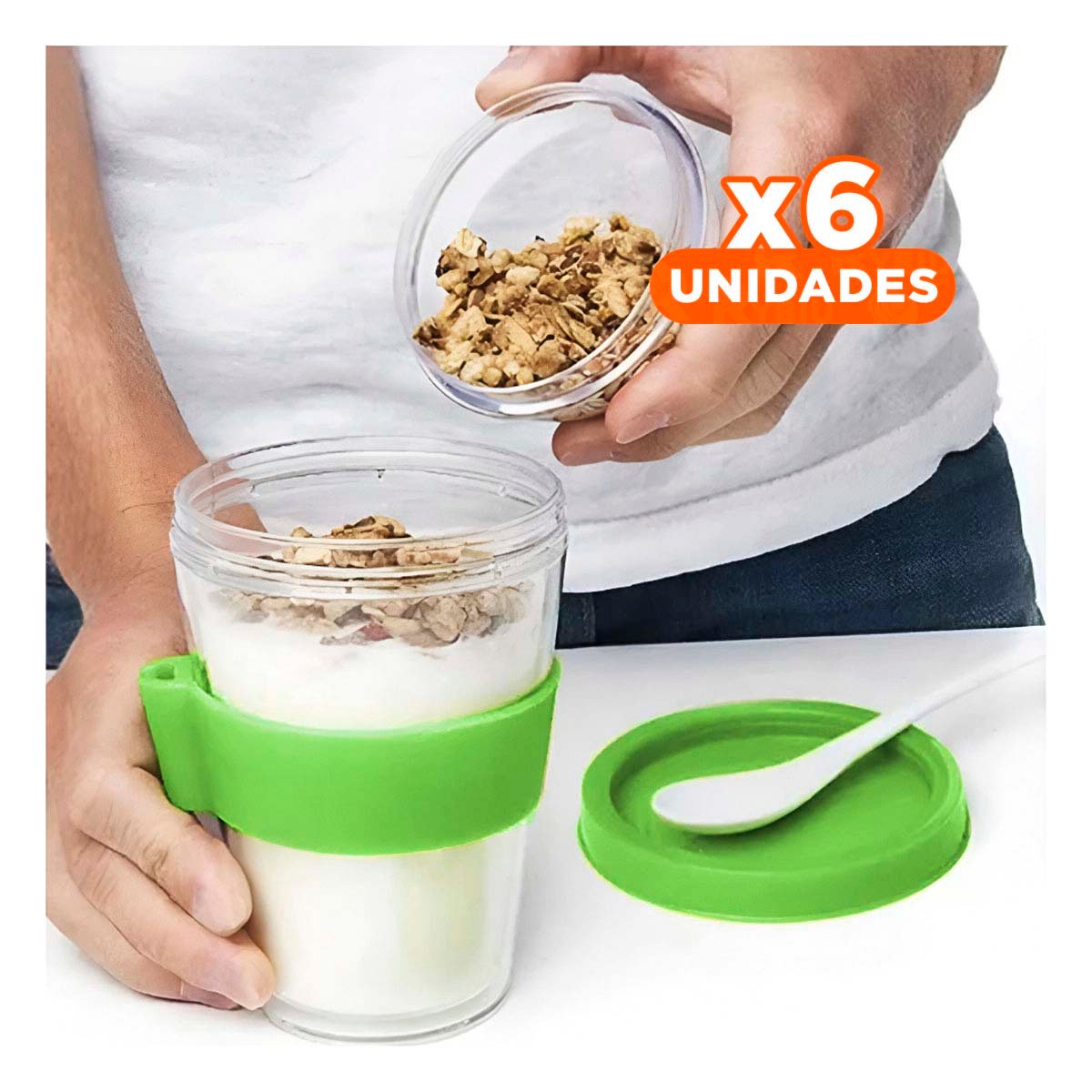 PACK6 RECIPIENTE 350 ML CON CUCHARA VERDE LIMON PARA USO DIARIO EN OFICINA Y+PAPEL REGALO - 1