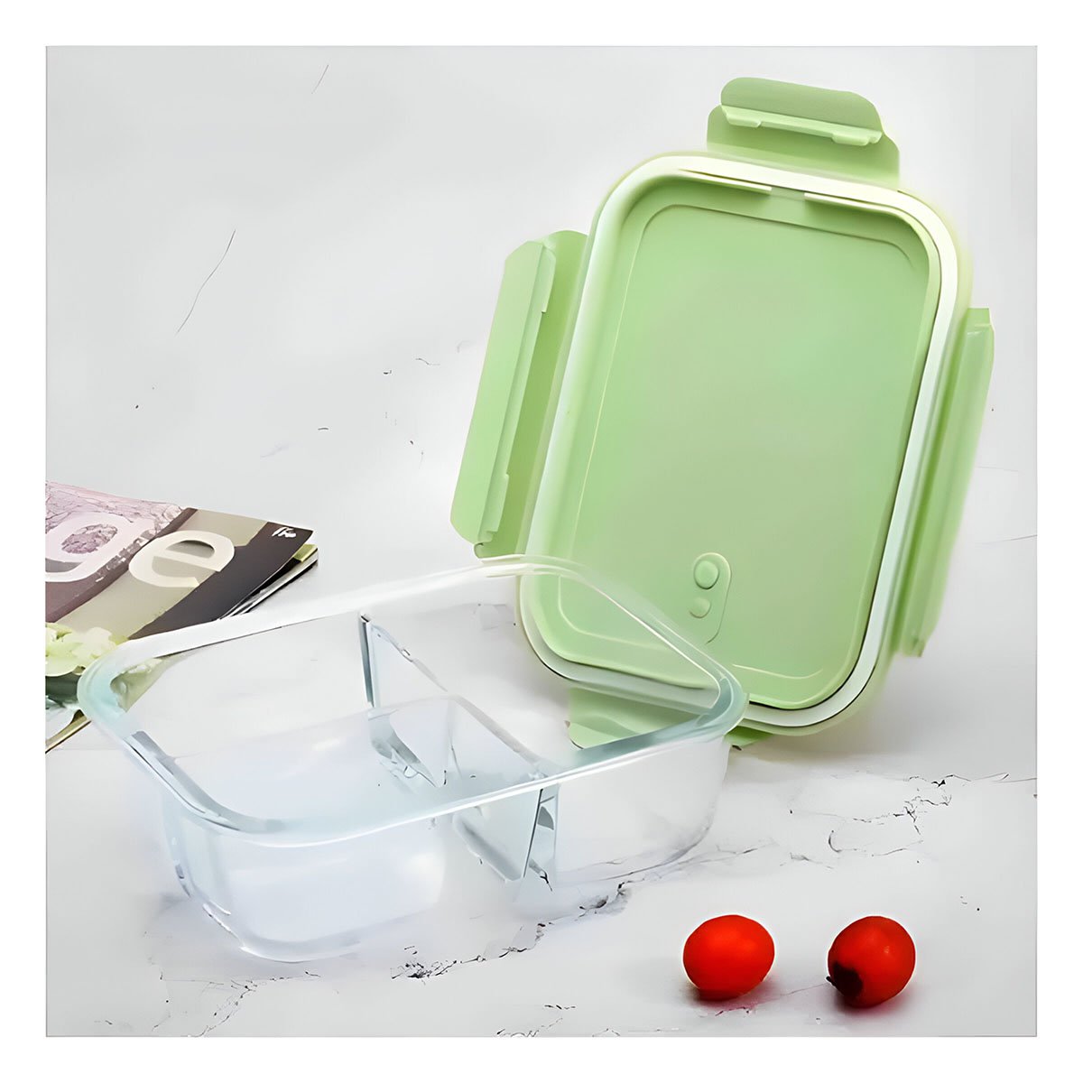 PACK2 CONTENEDOR DE VIDRIO CON 2 DIVISIONES Y TAPA COLOR VERDE PARA ORGANIZAR COMIDAS - 5