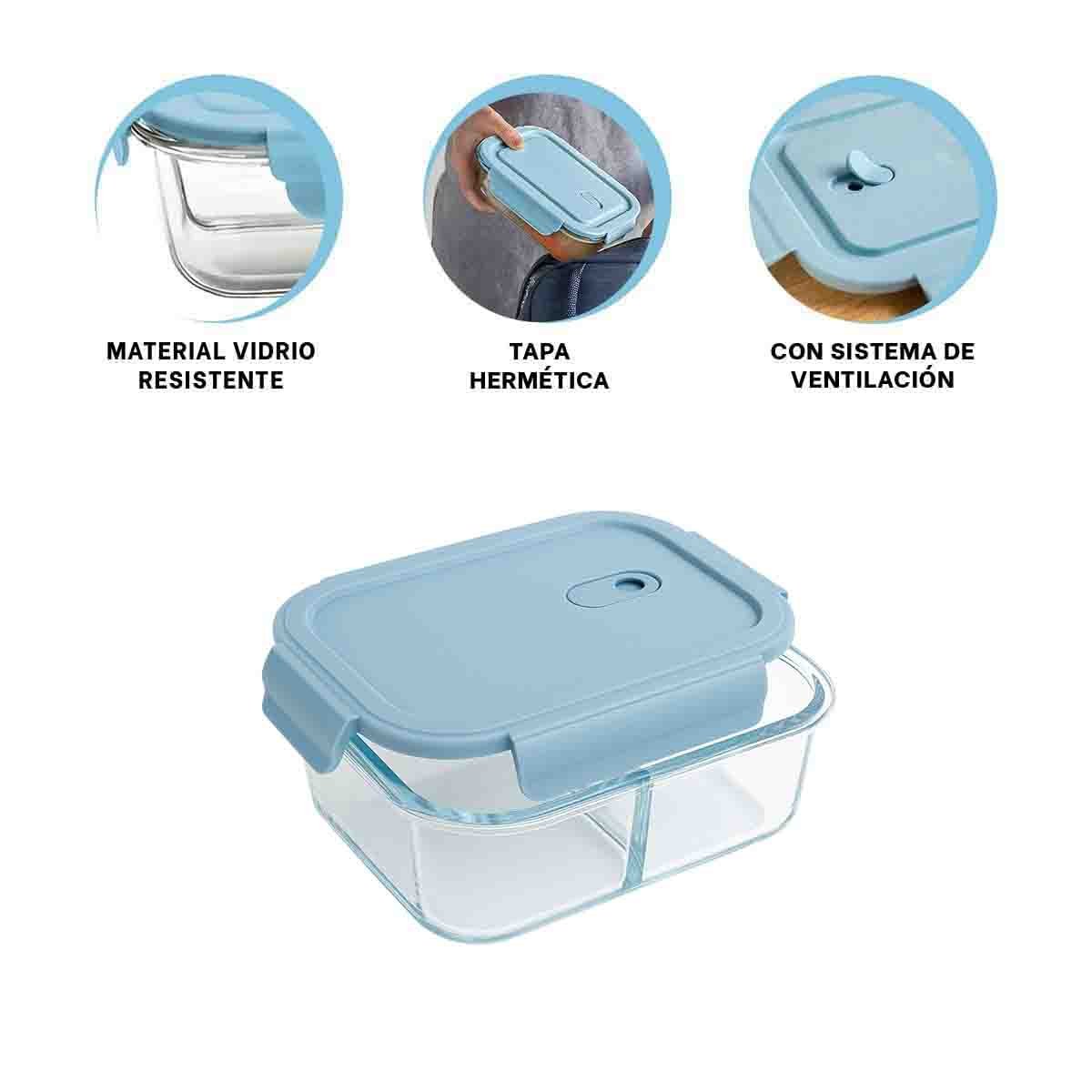 TAPER DE VIDRIO CON TAPA COLOR CELESTE Y 2 DIVISIONES PARA ALIMENTOS CASEROS Y+PAPEL REGALO - 5