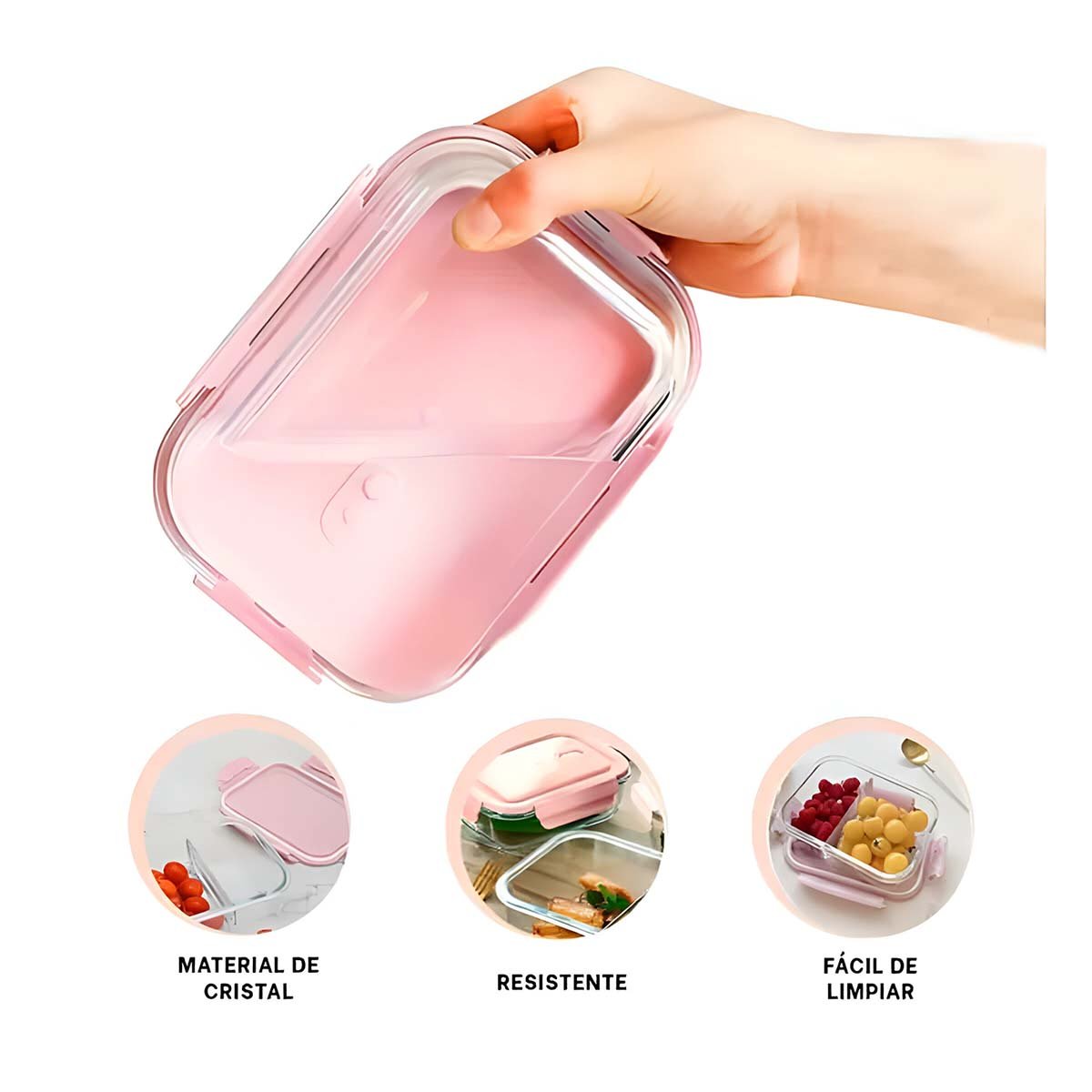 TAPER DE VIDRIO CON TAPA COLOR ROSADO Y 2 DIVISIONES PARA ALIMENTOS CASEROS Y+PAPEL REGALO - 5
