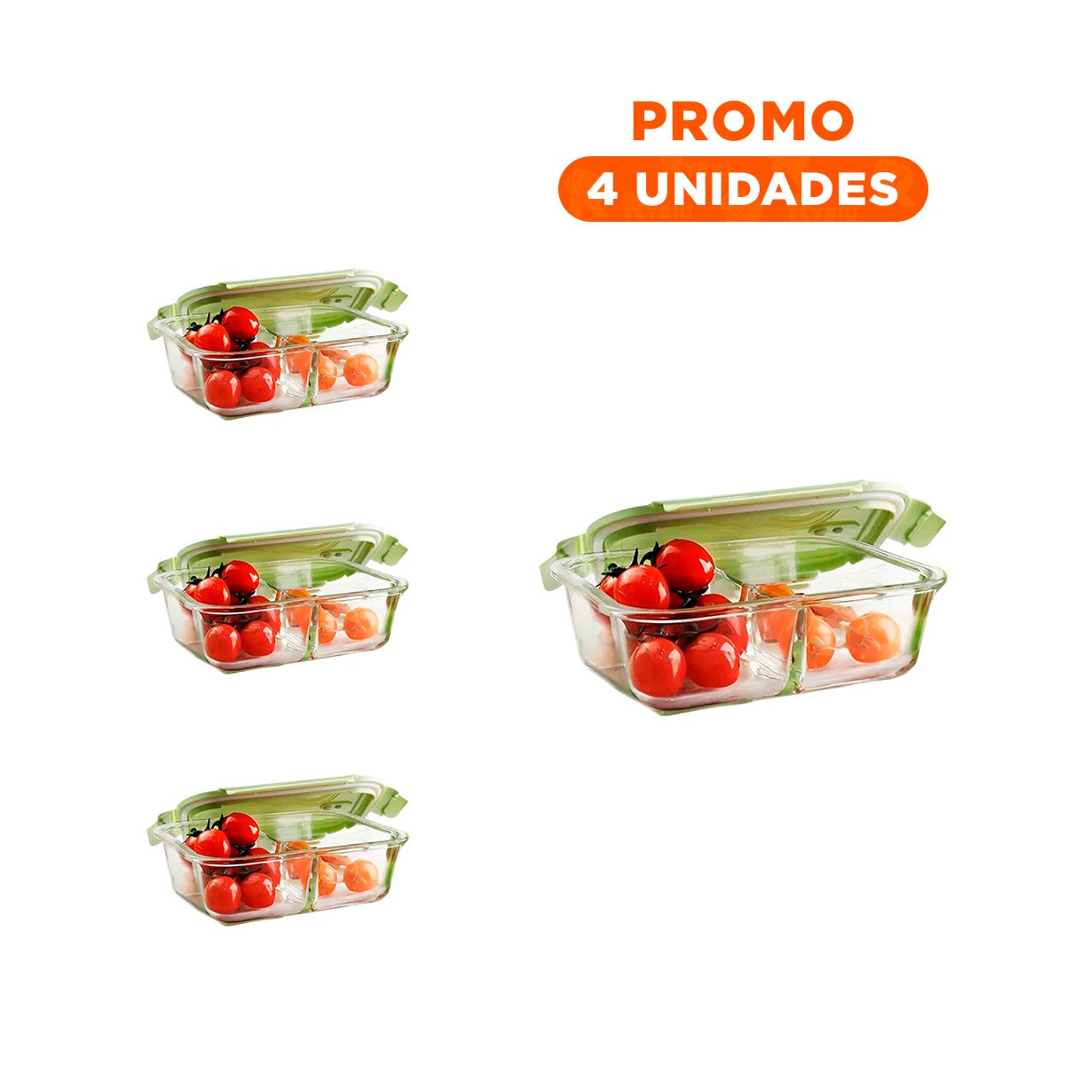 PACK4 CONTENEDOR DE VIDRIO CON 2 DIVISIONES COLOR VERDE Y TAPA PRACTICA - 1