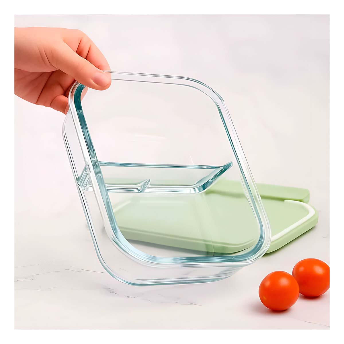 PACK4 CONTENEDOR DE VIDRIO CON 2 DIVISIONES COLOR VERDE Y TAPA PRACTICA - 5