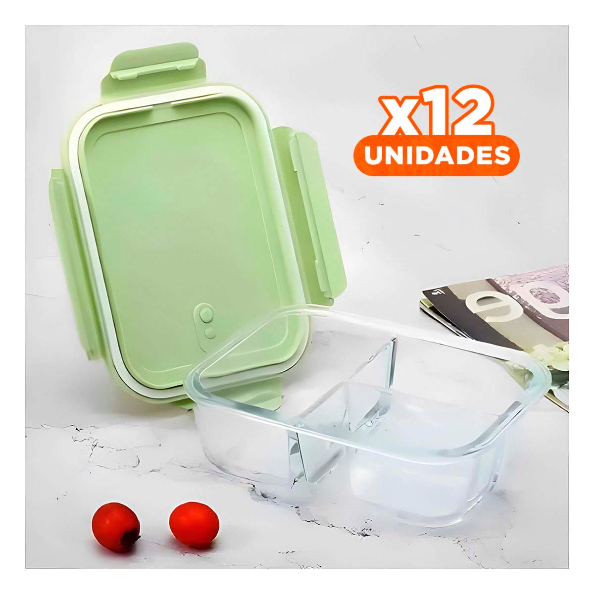 PACK12 RECIPIENTE DE VIDRIO CON 2 DIVISIONES AMPLIAS Y TAPA VERDE Y+REGALO STICKER - 1
