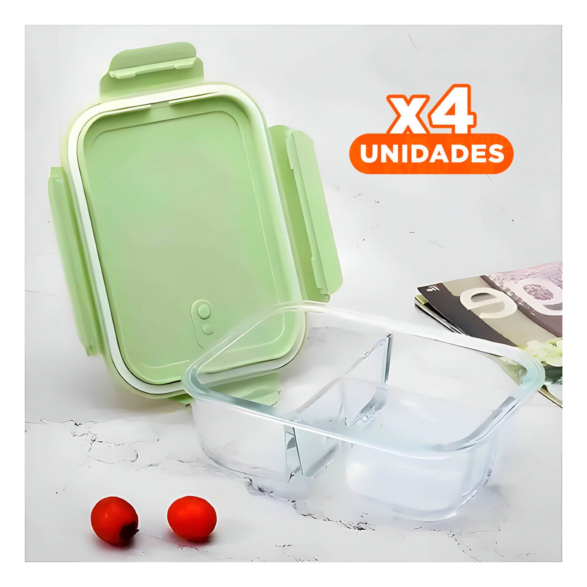 PACK4 CONTENEDOR DE VIDRIO CON SEPARACION DOBLE Y TAPA COLOR VERDE Y+REGALO STICKER - 1