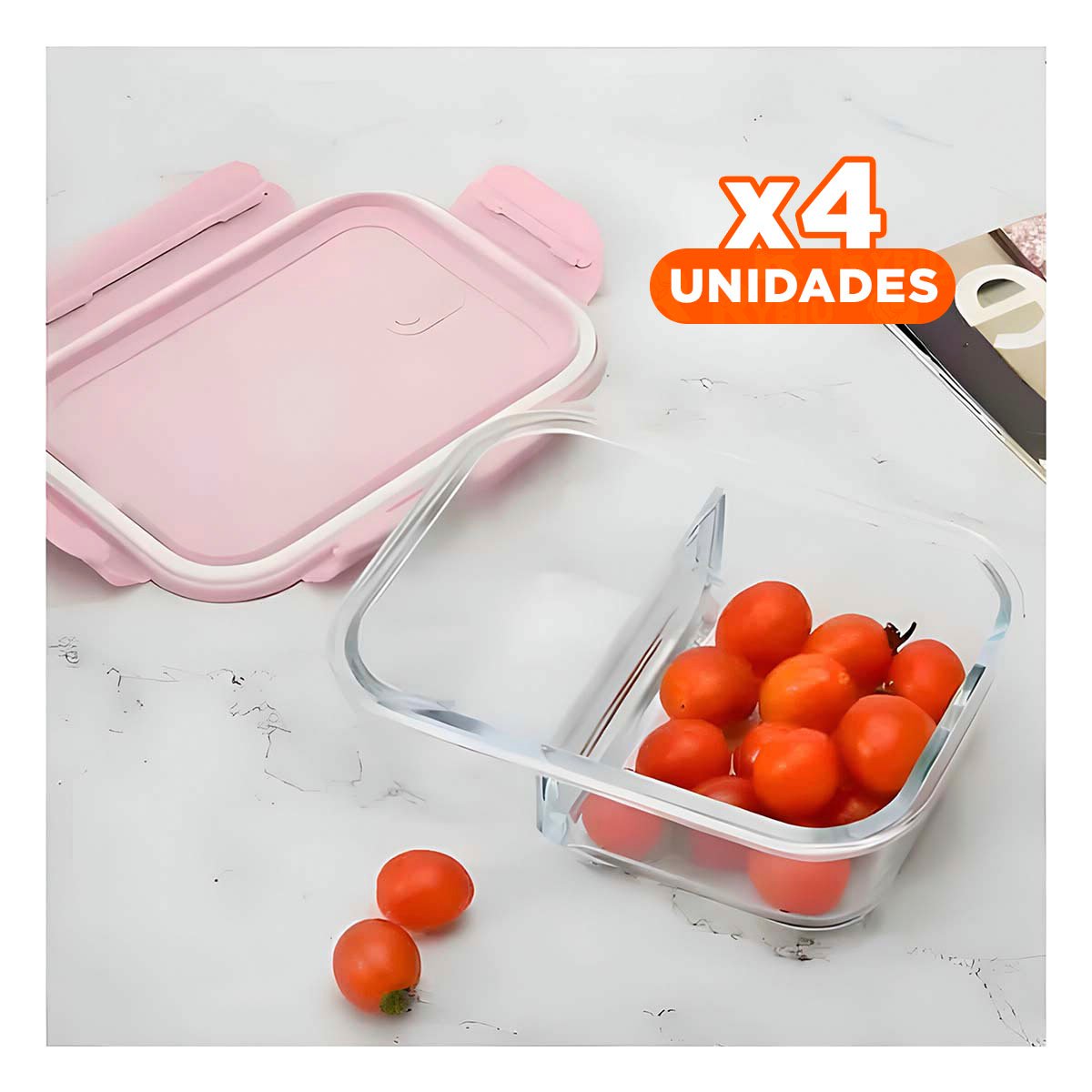 PACK4 CONTENEDOR CON TAPA ROSADO Y 2 DIVISIONES EN VIDRIO PARA USO DIARIO Y+PAPEL REGALO - 1