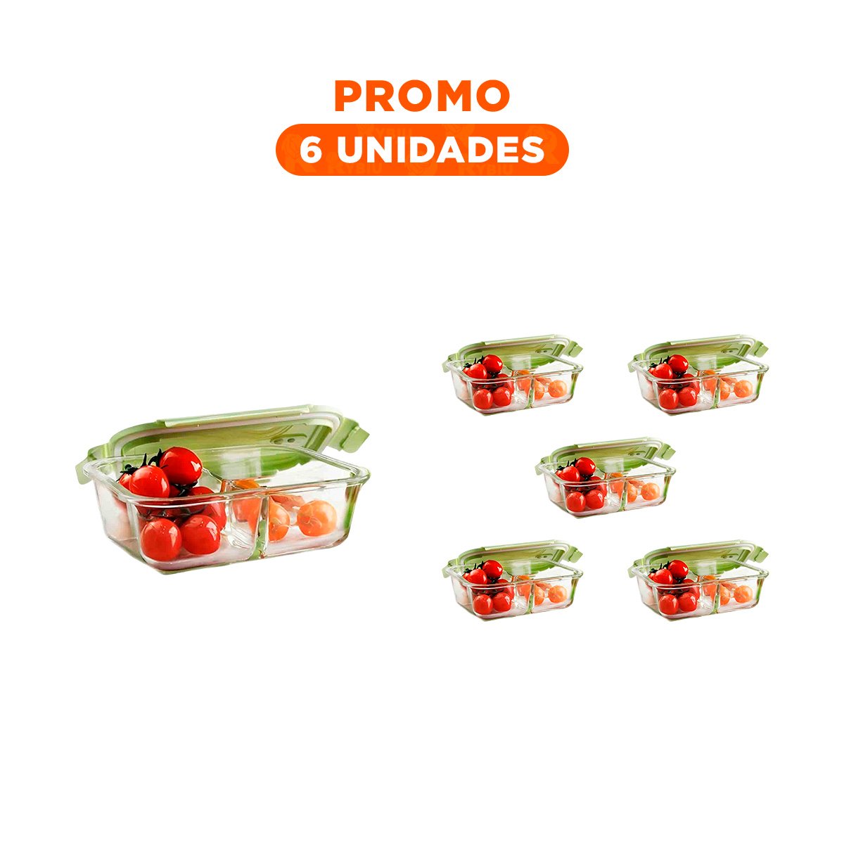 PACK6 RECIPIENTE DE VIDRIO CON 2 DIVISIONES COLOR VERDE Y TAPA PRACTICA Y+REGALO STICKER - 1