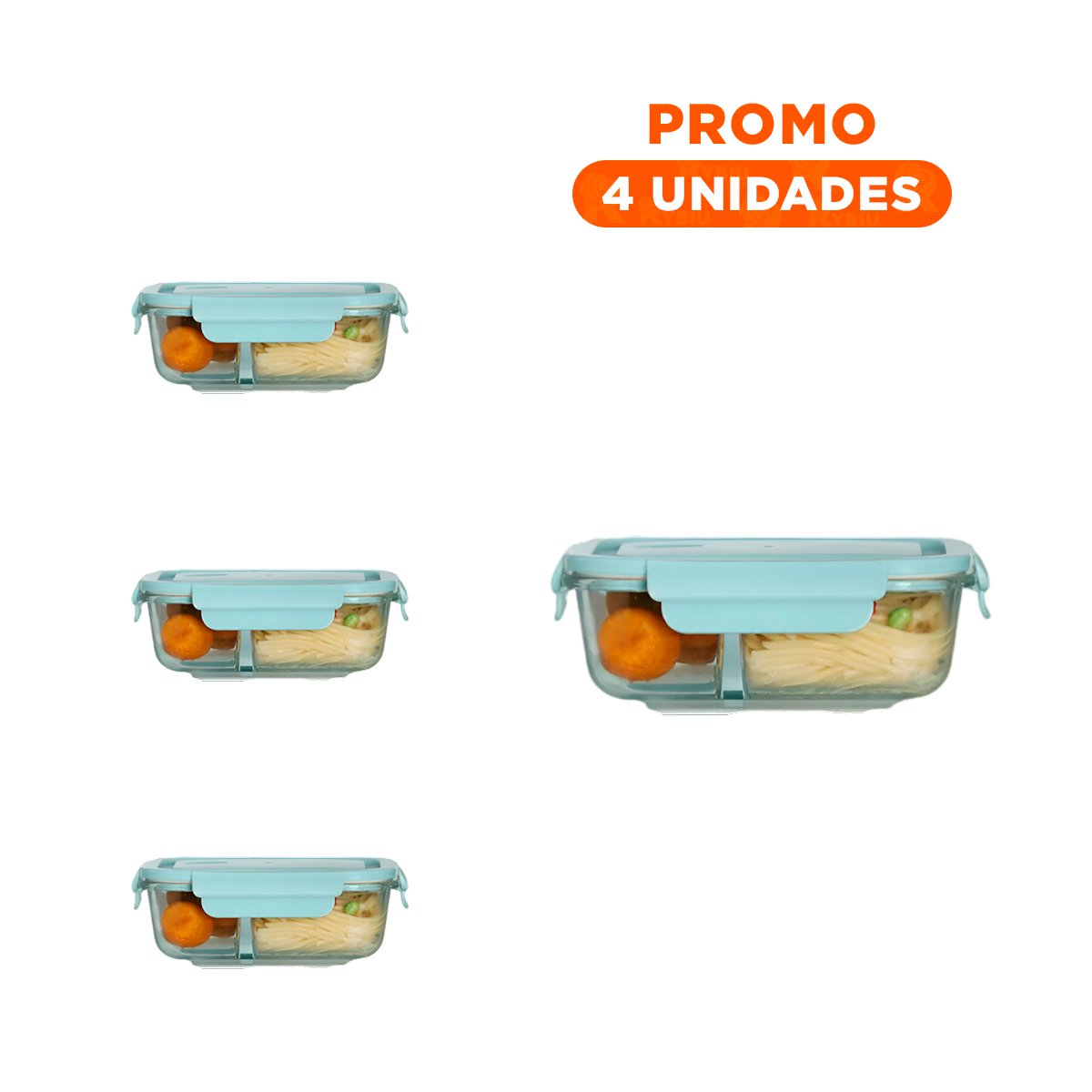 PACK4 CONTENEDOR DE VIDRIO CON 2 DIVISIONES COLOR CELESTE Y TAPA PRACTICA - 1