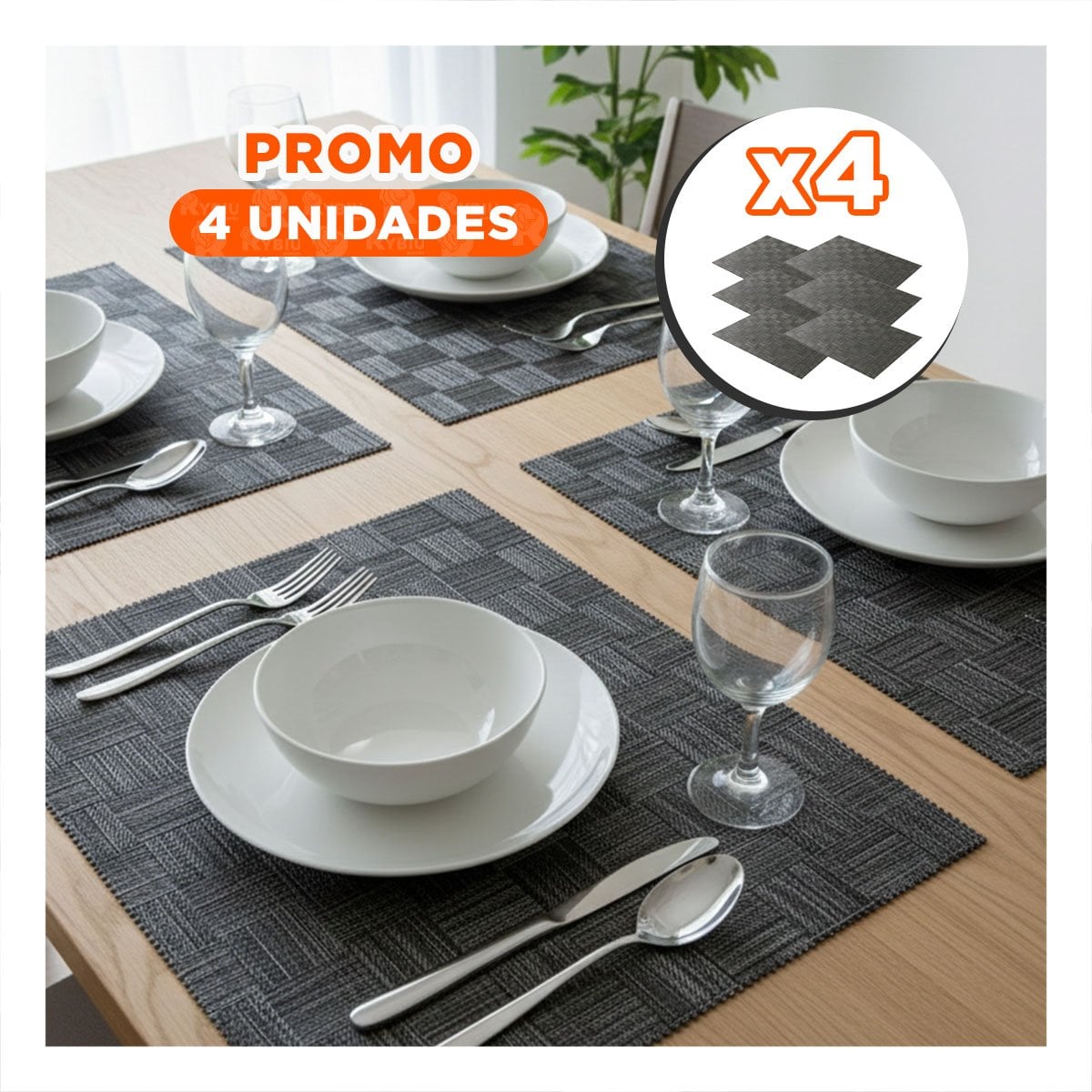 PACK4 SET 6 INDIVIDUAL NEGRO JASPEADO A CUADROS 30X45CM PARA MESA Y COMEDOR Y+REGALO STICKER - 1