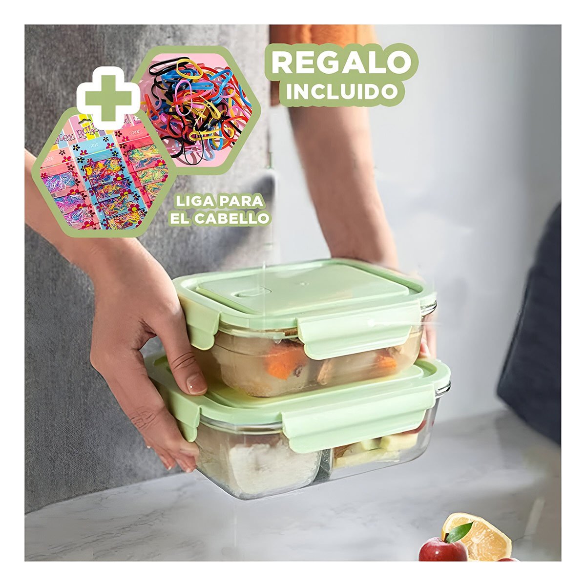 TAPER DE VIDRIO COLOR VERDE CON TAPA AJUSTE SEGURO Y 2 DIVISIONES INTERNAS Y+LIGAS REGALO - 2