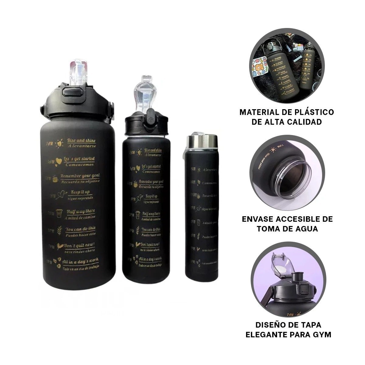 TOMATODOS EN NEGRO CON TAPA DE PLASTICO EN CONJUNTO DE 3 PIEZAS 2 L 1 L Y 300 ML Y+PAPEL REGALO - 5