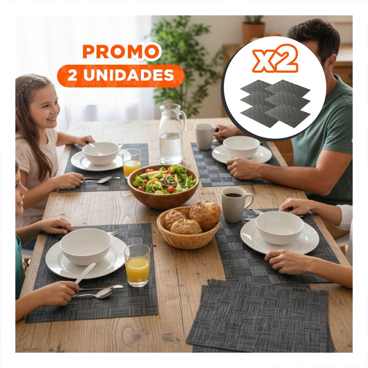 PACK2 JUEGO 6 INDIVIDUAL JASPEADO A CUADROS NEGRO 30X45CM PARA COCINA Y HOGAR Y+PAPEL REGALO - 1