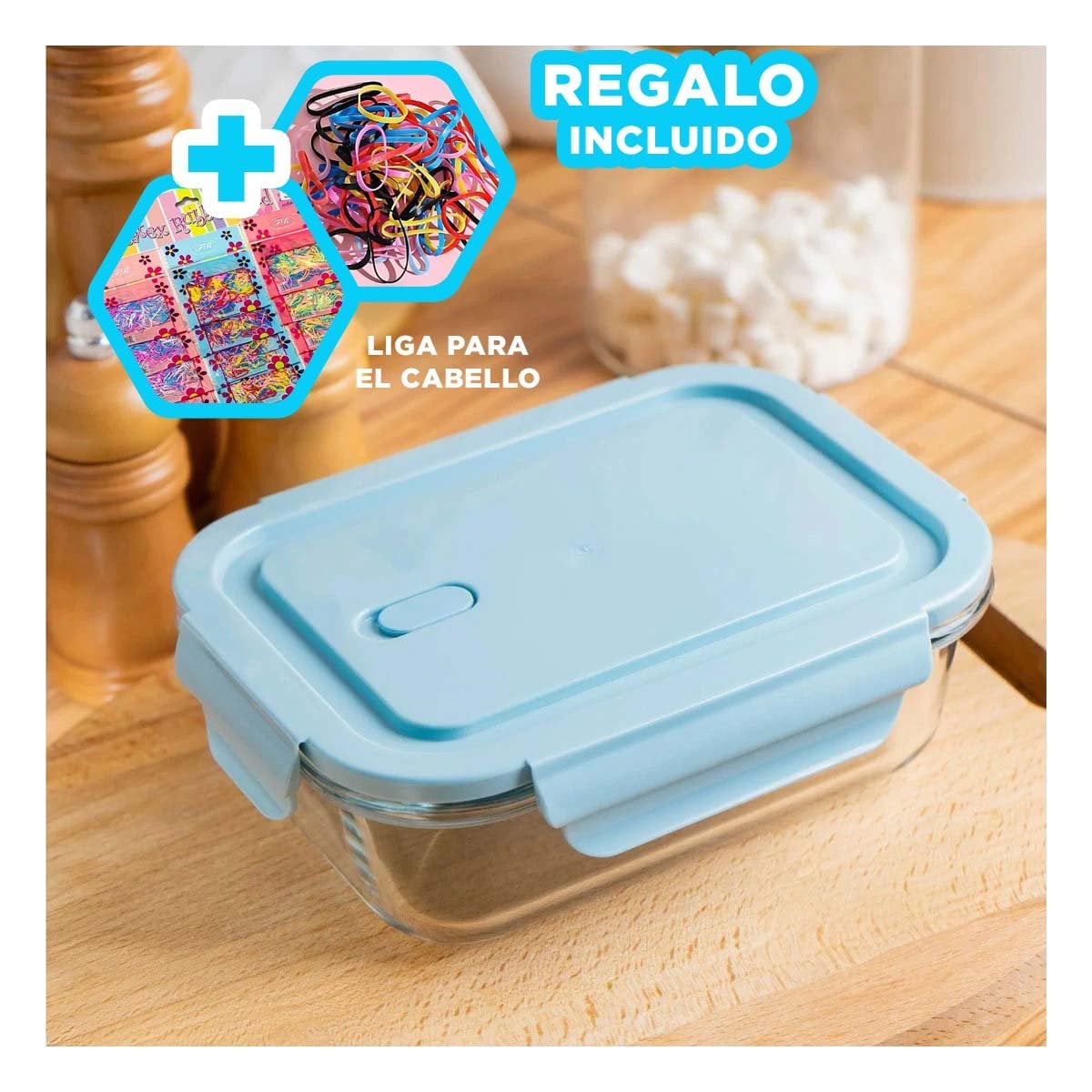 TAPER DE VIDRIO COLOR CELESTE CON TAPA AJUSTE SEGURO Y 2 DIVISIONES INTERNAS Y+LIGAS REGALO - 2