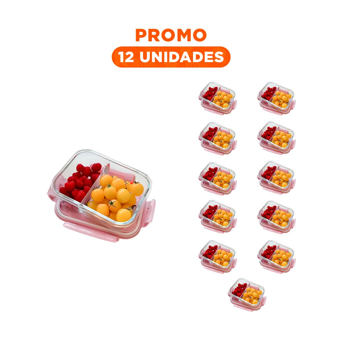 PACK12 RECIPIENTE CON TAPA ROSADO Y 2 DIVISIONES EN VIDRIO PARA COCINA - 1