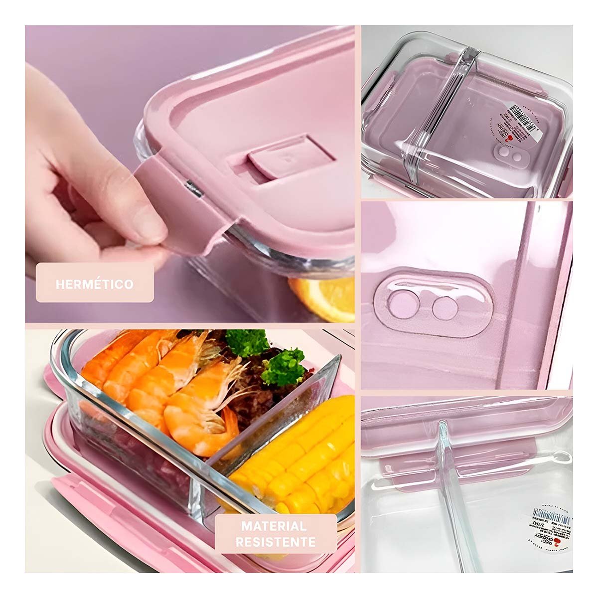 PACK12 RECIPIENTE CON TAPA ROSADO Y 2 DIVISIONES EN VIDRIO PARA COCINA - 2