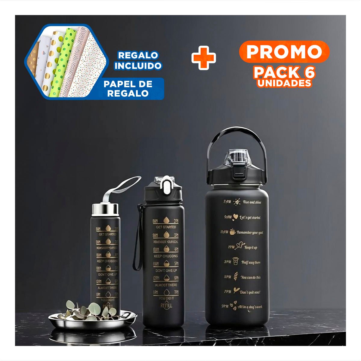PACK6 CANTIMPLORAS EN NEGRO CON 3 UNIDADES 2 L 1 L Y 300 ML PARA RUTINA ACTIVA - 1