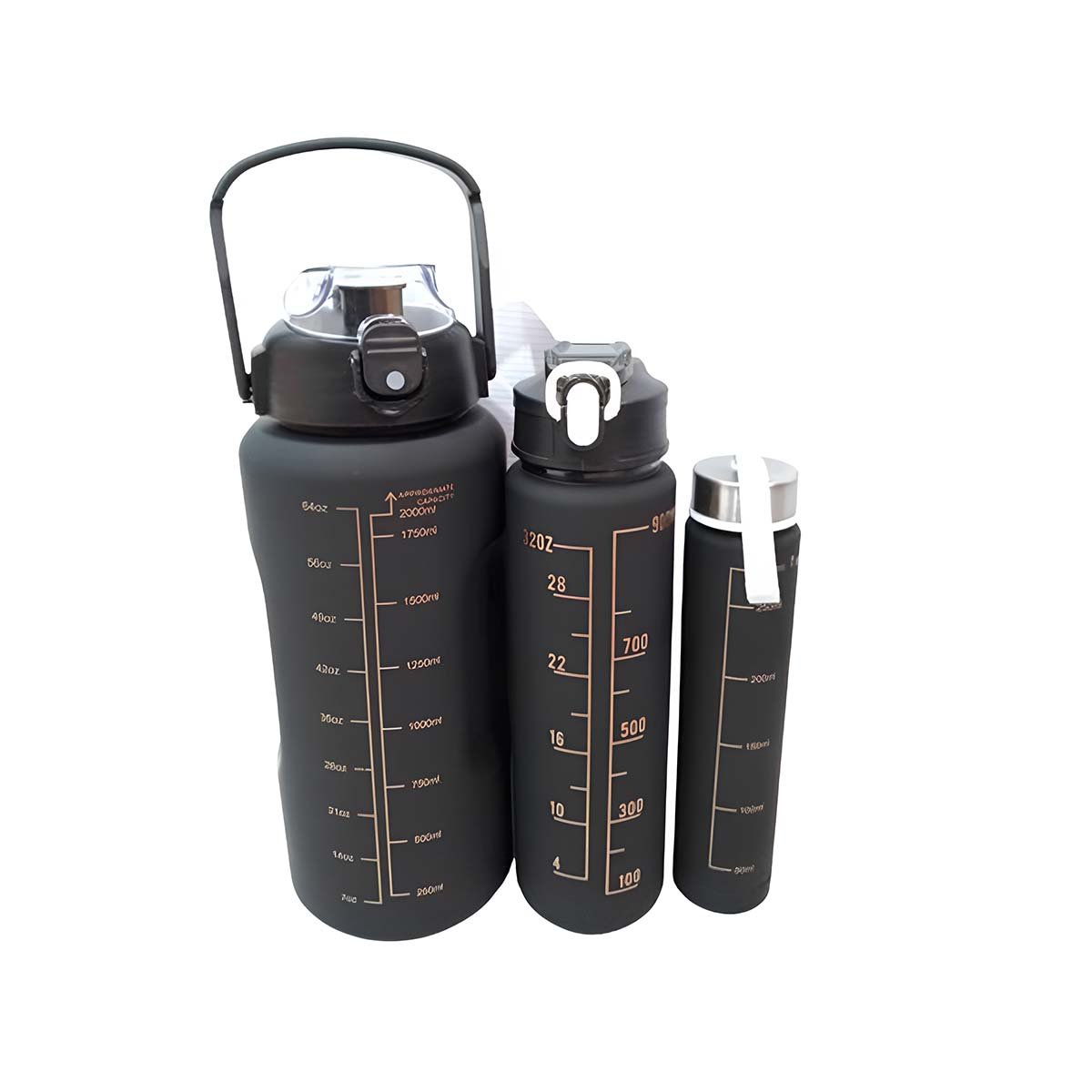 PACK12 BOTELLAS DE HIDRATACION CON 2 L 1 L Y 300 ML EN NEGRO EN SET DE 3 PARA OFICINA - 1