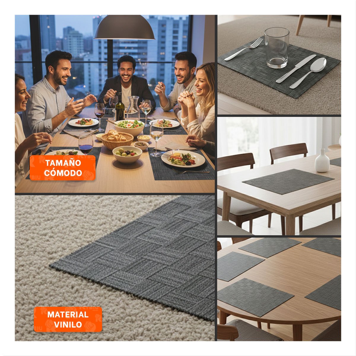 SET 6 INDIVIDUALES JASPEADO A CUADROS NEGRO 30X45CM PARA MESA Y COMEDOR - 2