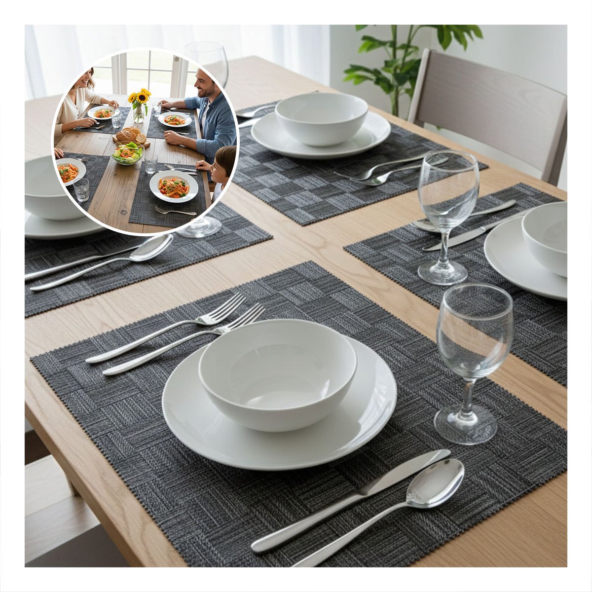 SET 6 INDIVIDUALES JASPEADO A CUADROS NEGRO 30X45CM PARA MESA Y COMEDOR - 3