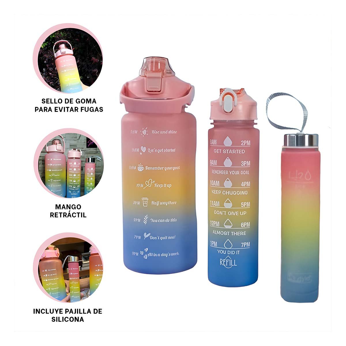 TOMATODOS EN SET DE 3 CON TAPA DE PLASTICO ROSADO Y VOLUMEN 2 L 1 L Y 300 ML Y+POST IT - 5