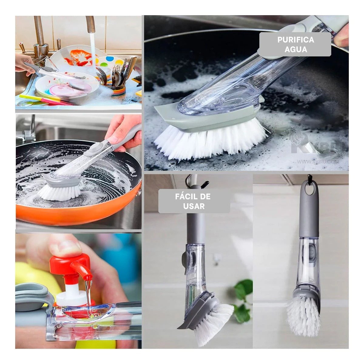 CEPILLO DISPENSADOR COLOR PLOMO CON DEPOSITO PARA JABON LIQUIDO EN HOGAR Y+PAPEL REGALO - 3