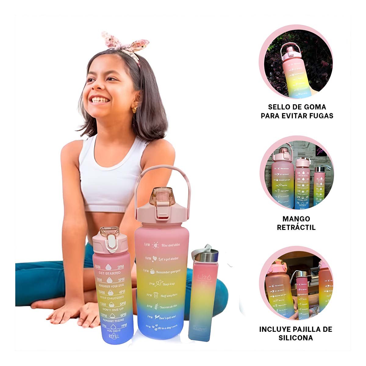 TOMATODOS EN ROSADO CON TAPA DE PLASTICO EN CONJUNTO DE 3 PIEZAS 2 L 1 L Y 300ML Y+PAPEL REGALO - 5